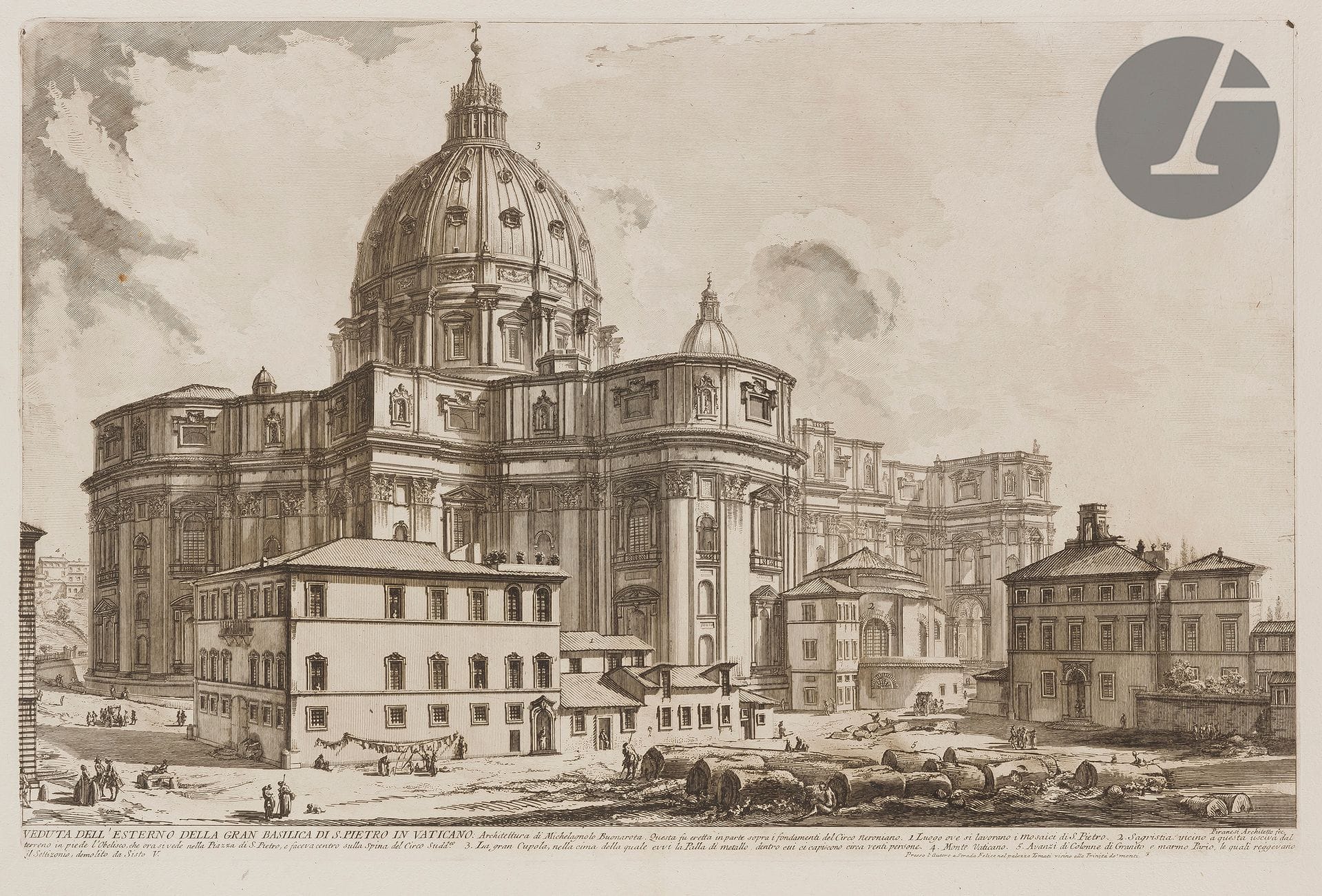 Giambattista Piranesi (1720-1778) 

Veduta dell' Esterno della gran Basilica di S. Pietro in Vaticano (La Basilique Saint-Pierre de l'extérieur). 1748. Eau-forte et burin. 602 x 398 mm, la feuille : 770 x 540 mm. Hind 5 (v/vii). Très belle épreuve sur vergé fort, le prix effacé, avant le numéro 7. Numéro de folio 8 à la plume et à l'encre sépia dans l'angle supérieur droit. Pli vertical médian. Quelques rousseurs, dont une plus marquée dans le ciel à gauche. Bord gauche irrégulier, déchiqueté, avec petits trous d'onglets de reliure et avec manques. Grandes marges. 1er tirage parisien.
