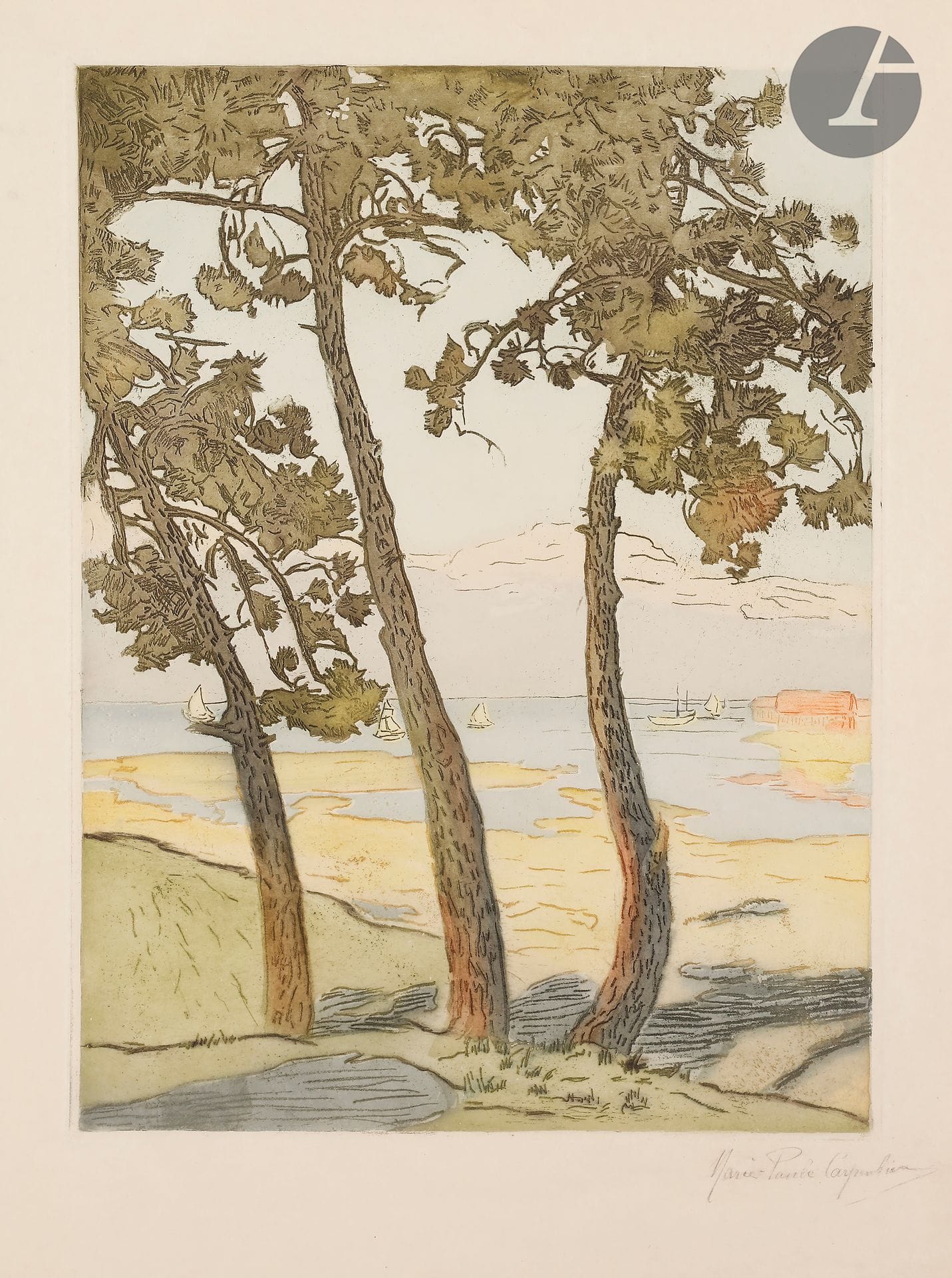 Marie-Paule Carpentier (1876-1915) 

Landscape with large pine trees and sailboats. About 1900. Soft varnish. 335 x 445 mm. Printed in colors. Very nice proof on japon fort, signed in pencil. Short handling folds at the edges of the sheet. All margins. Rare.