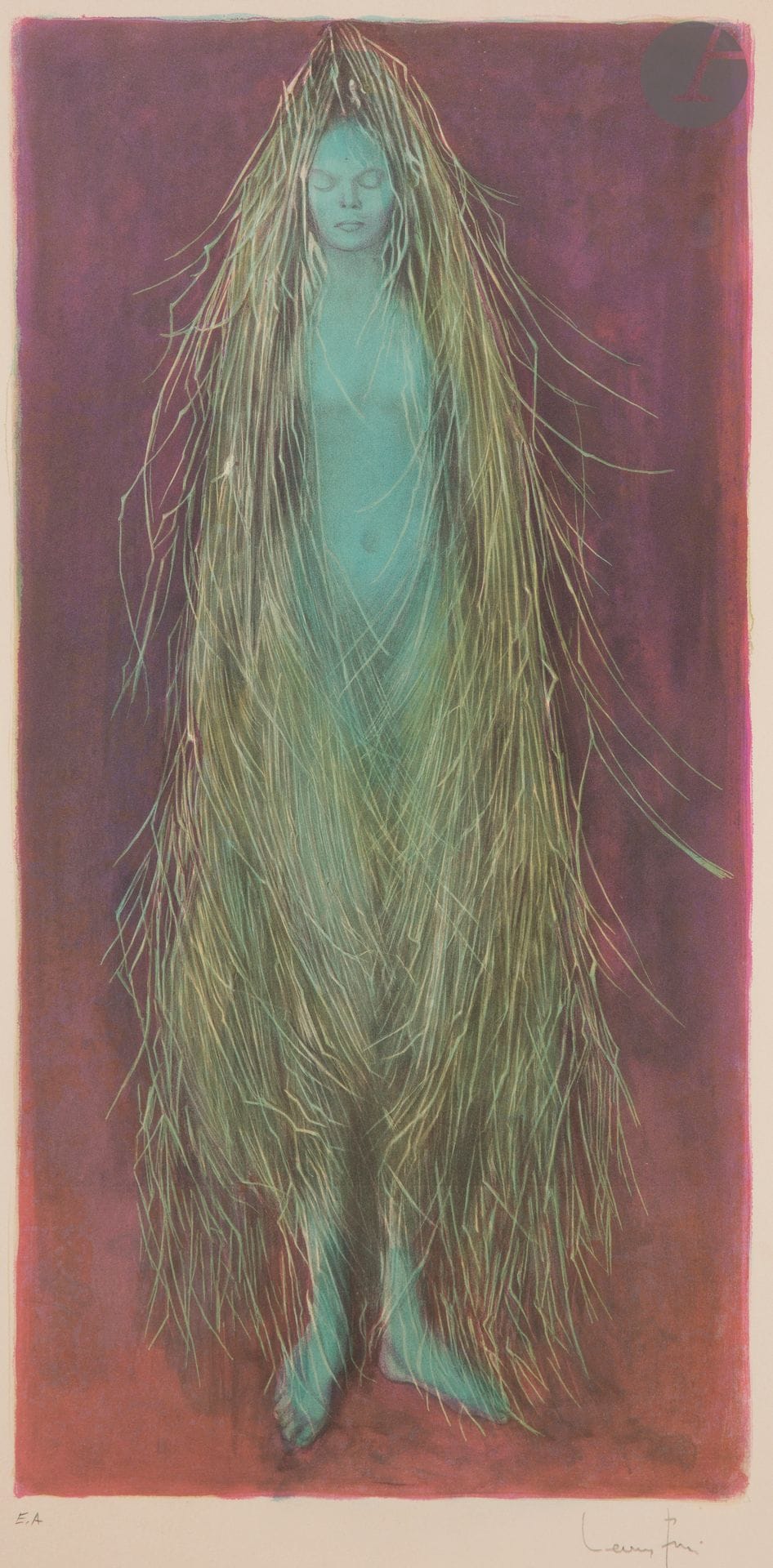 Leonor Fini (1908-1996) 

Femme bleue aux longs cheveux. Lithographie. 275 x 550 mm. Impression en couleurs. Très belle épreuve sur vélin ivoire, justifiée " E.A " et signée au crayon. Petite épidermure au centre sous le sujet. Toutes marges. Cadre.