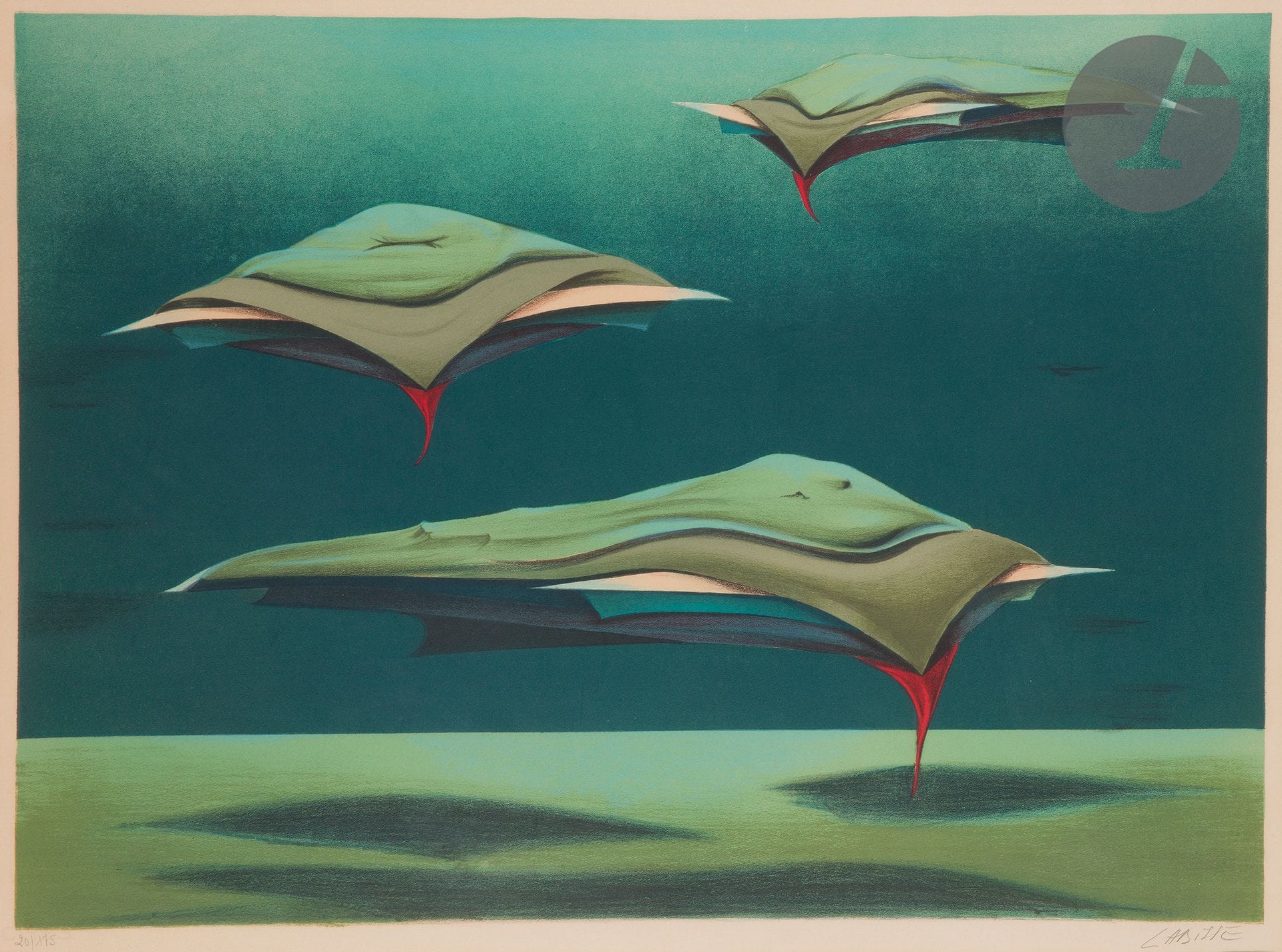 Félix Labisse (1906-1982) 

Raies mantas surréalistes. Vers 1980. Lithographie. 670 x 480 mm. Impression en couleurs. Belle épreuve sur vélin, numérotée et signée au crayon, insolée. Marges. Tirage à 175 épreuves. Cadre.