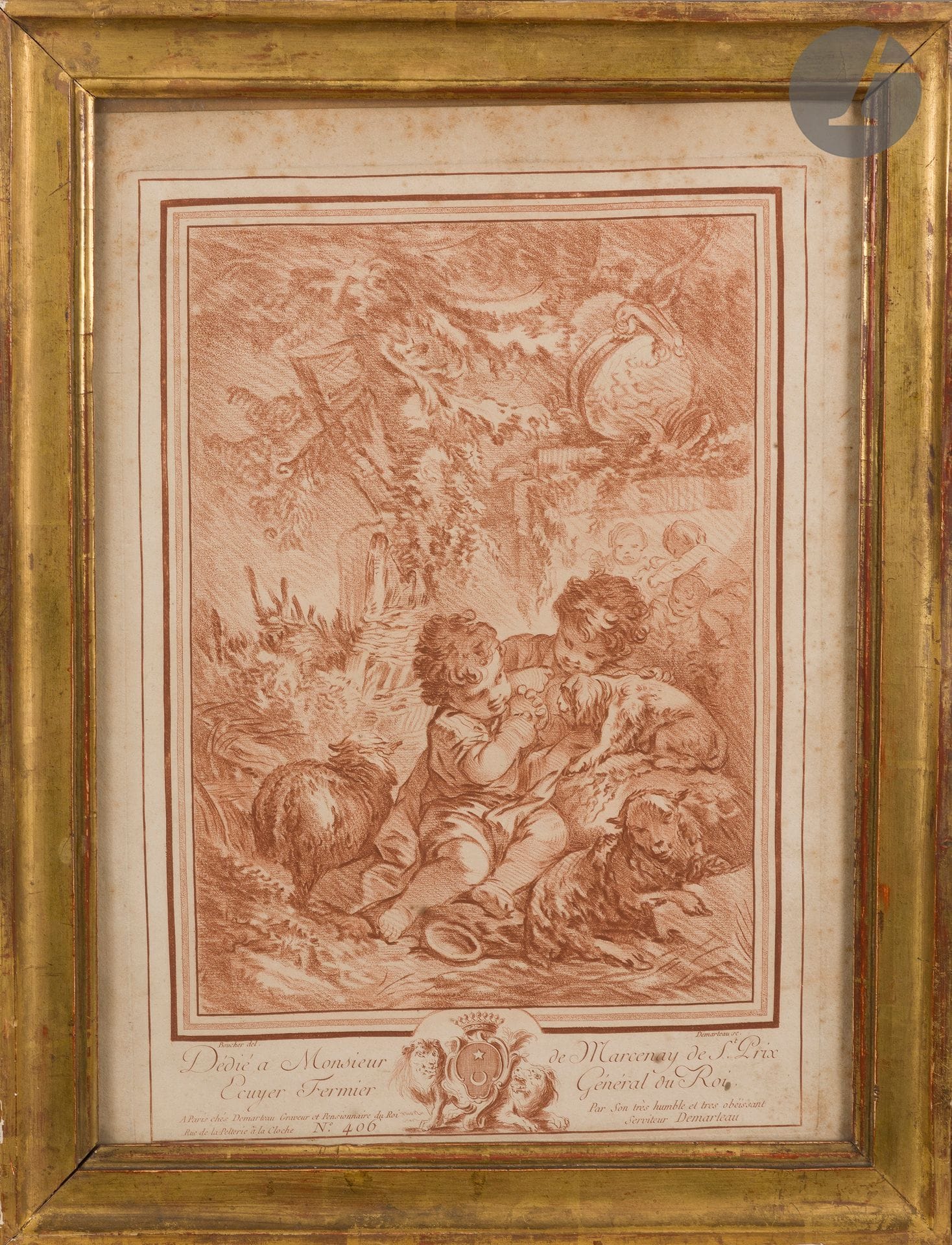 Gilles Demarteau (1722-1776) 

Two children playing with a dog. Engraving in pencil manner after Boucher. Sight : 260 x 365 mm. I.F.F. 406. Printed in sanguine. Beautiful proof on laid paper, slightly oxidized. Scattered light foxing. Margins. Gilt frame of the Louis XVI period (cut).