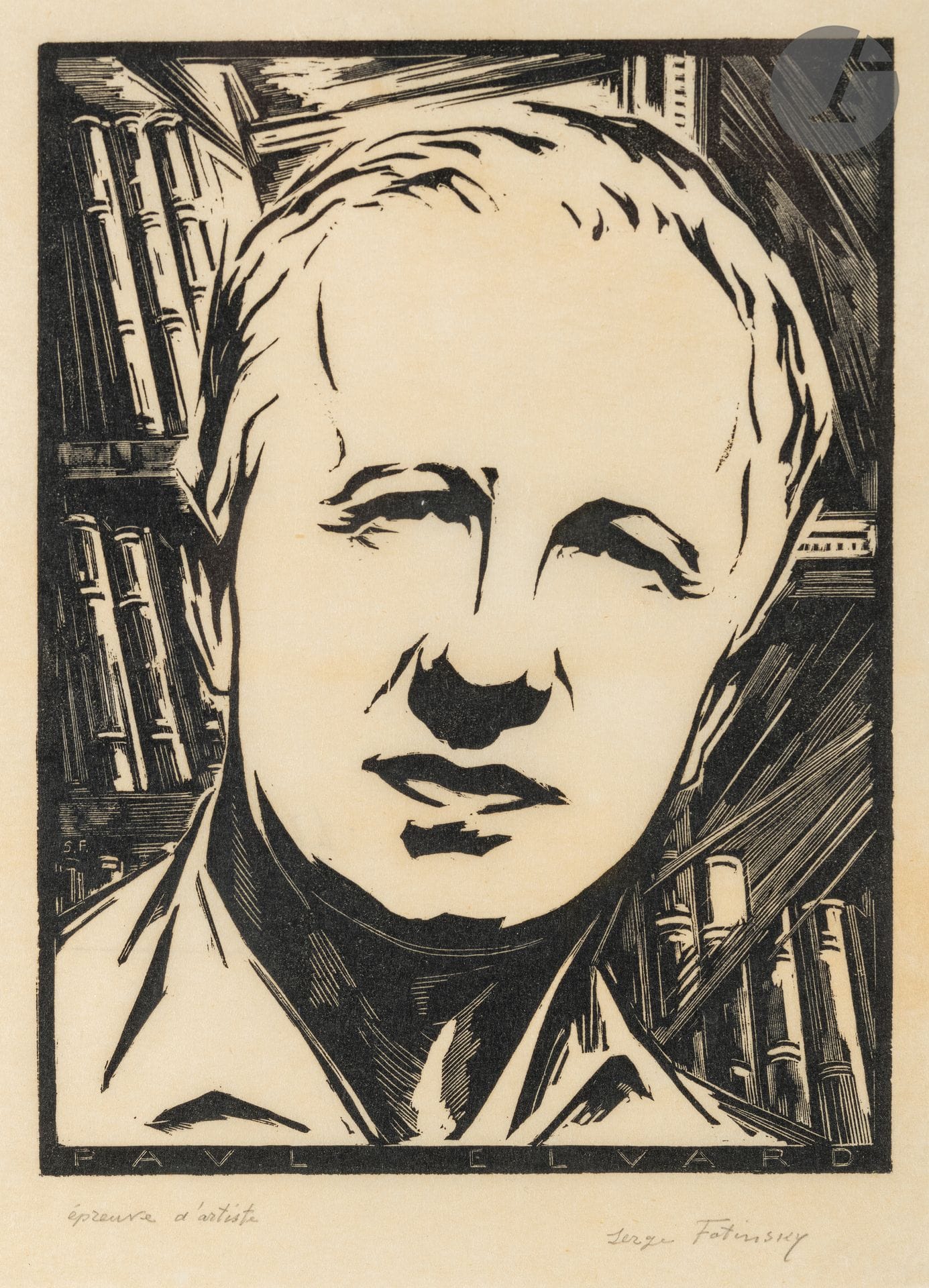 Serge Fotinsky (franco-ukrainien, 1887-1971) 

Portrait de Paul Eluard. Vers 1930. Bois gravé. 180 x 240 mm. Très belle et fraîche épreuve sur japon vergé mince, annotée " épreuve d'artiste " et signée au crayon. Toutes marges. Tirage définitif à 90 épreuves. Cadre.