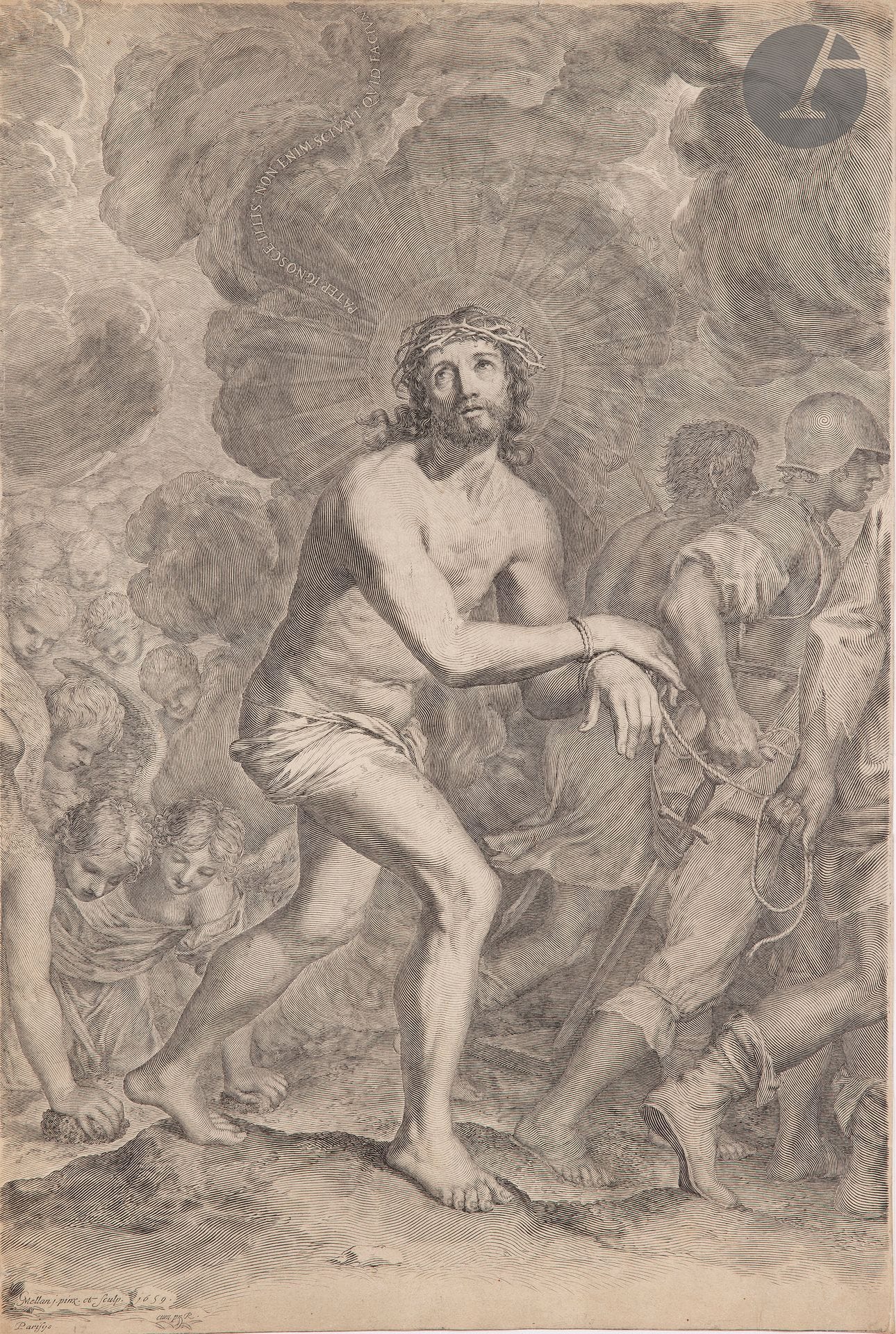 Claude Mellan (1598-1688) 

La Montée au Calvaire. 1659. Burin. 302 x 455 mm. Préaud 20. Belle épreuve sur vergé filigrané (croix de Malte et fleur de lys), rognée sur le coup de planche, sans la tablette. Légère oxydation du feuillet. Infimes déchirures et un trou d'épingle en tête.