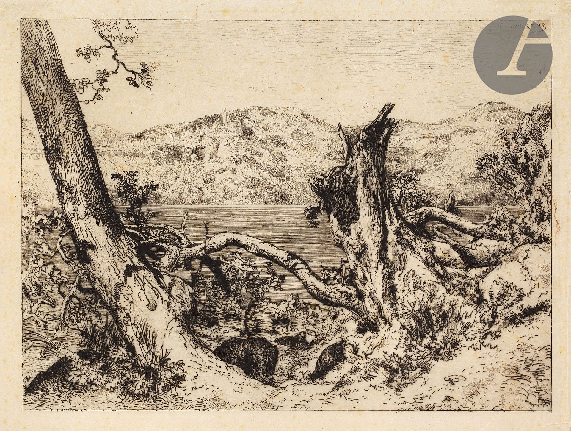 Jules Laurens (1825-1901) 

Le Lac de Némi. (Pl. pour L'Eau-forte en 1874, Cadart éd.). 1874. Eau-forte. 320 x 236 mm. I.F.F. 90. Réunion d'une épreuve du tirage avec la lettre et avec le numéro, sur vergé, et d'une épreuve avant toute lettre sur japon vergé mince. Rousseurs claires à la 1re, de la coll. H. M.Petiet (Lugt 5031). Petites traces de colle et légers plis dans les angles à la 2e. Toutes marges. Ens. 2 p.