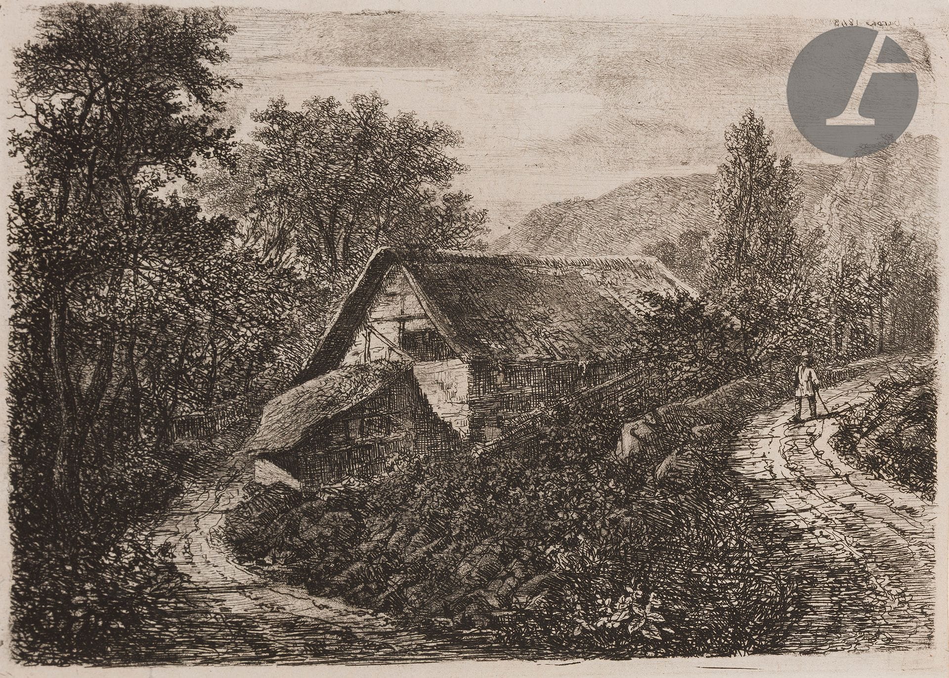 Balthazar-Jean Baron (1788-1869) 

Ferme près d'Aix-en-Savoie. 1853. Eau-forte. 185 x 137 mm. Audin et Vial 150. Très belle épreuve sur chine appliqué. Larges traces d'oxydation et auréoles claires sur le support (n'affectant pas le sujet). Traces de colle aux bords du feuillet au verso. Grandes marges.