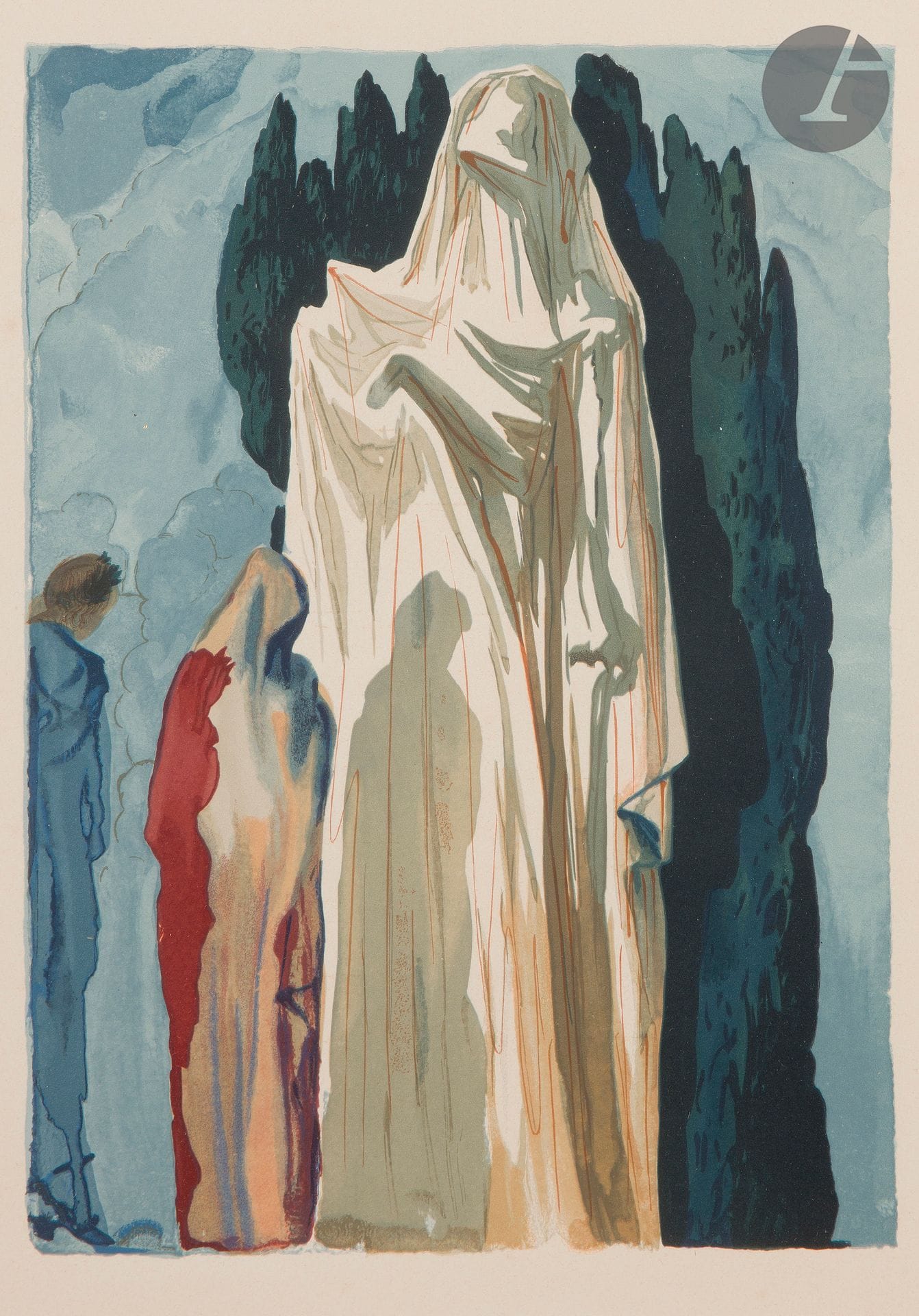 Salvador Dalí (1904-1989) 

Pl. pour Dante, La Divine Comédie. 1960. Gravure sur bois. Chaque à vue : 190-220 x 260-290 mm. Michler et Löpsinger 1042 (2 épr.), 1046, 1047, 1048, 1051, 1052, 1057 (2 épr.), 1059, 1062, 1064, 1076, 1083, 1085, 1087, 1096, 1104, 1112, 1113, 1114 (2 épr.), 1123, 1128, 1129, 1134, 1135, 1136. Impression en couleurs. Belles épreuves sur vélin crème, légèrement insolées, 5 revêtues d'une signature (non garantie) au crayon. Marges. Cadres. Ens. 29 p.