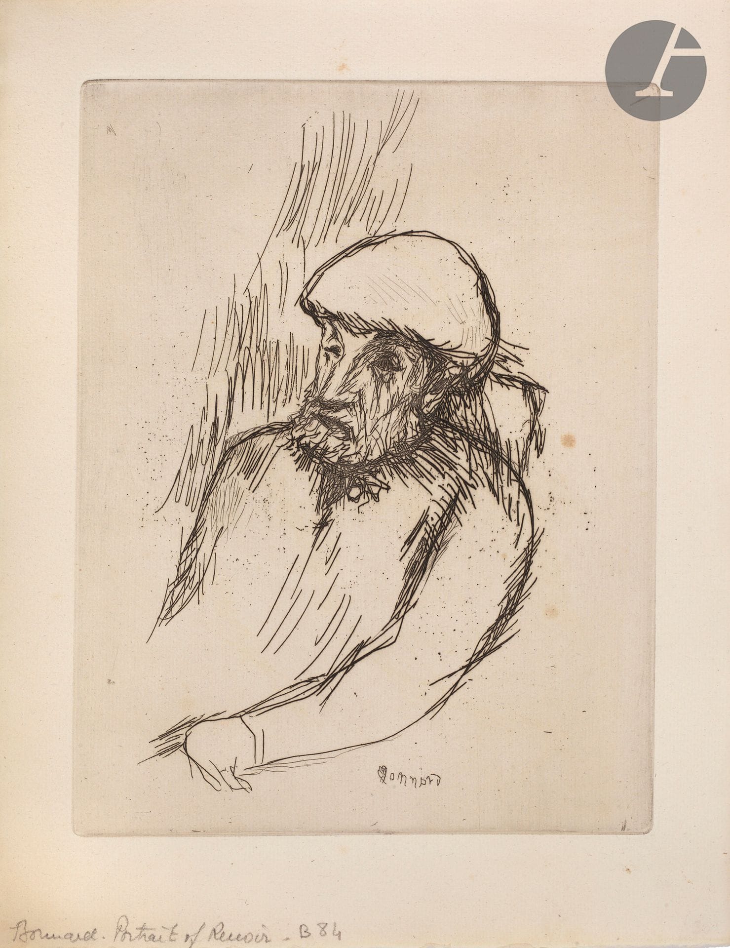 
*Pierre Bonnard (1867-1947) 


Portrait de Renoir. 1916 (vers 1914 selon Johnson). Eau-forte. 198 x 255 mm, la feuille : 250 x 325 mm. Bouvet 84 ; Johnson 17. Belle épreuve sur vélin crème. Quelques rousseurs claires, notamment à droite du modèle. Plis souples horizontaux en travers du feuillet. Inscription (de la main de H. M. Petiet) au crayon en pied. Toutes marges. A. Vollard éd.



Sur ce lot : frais additionnels de 5,5 % au titre de la taxe à l’importation temporaire.
