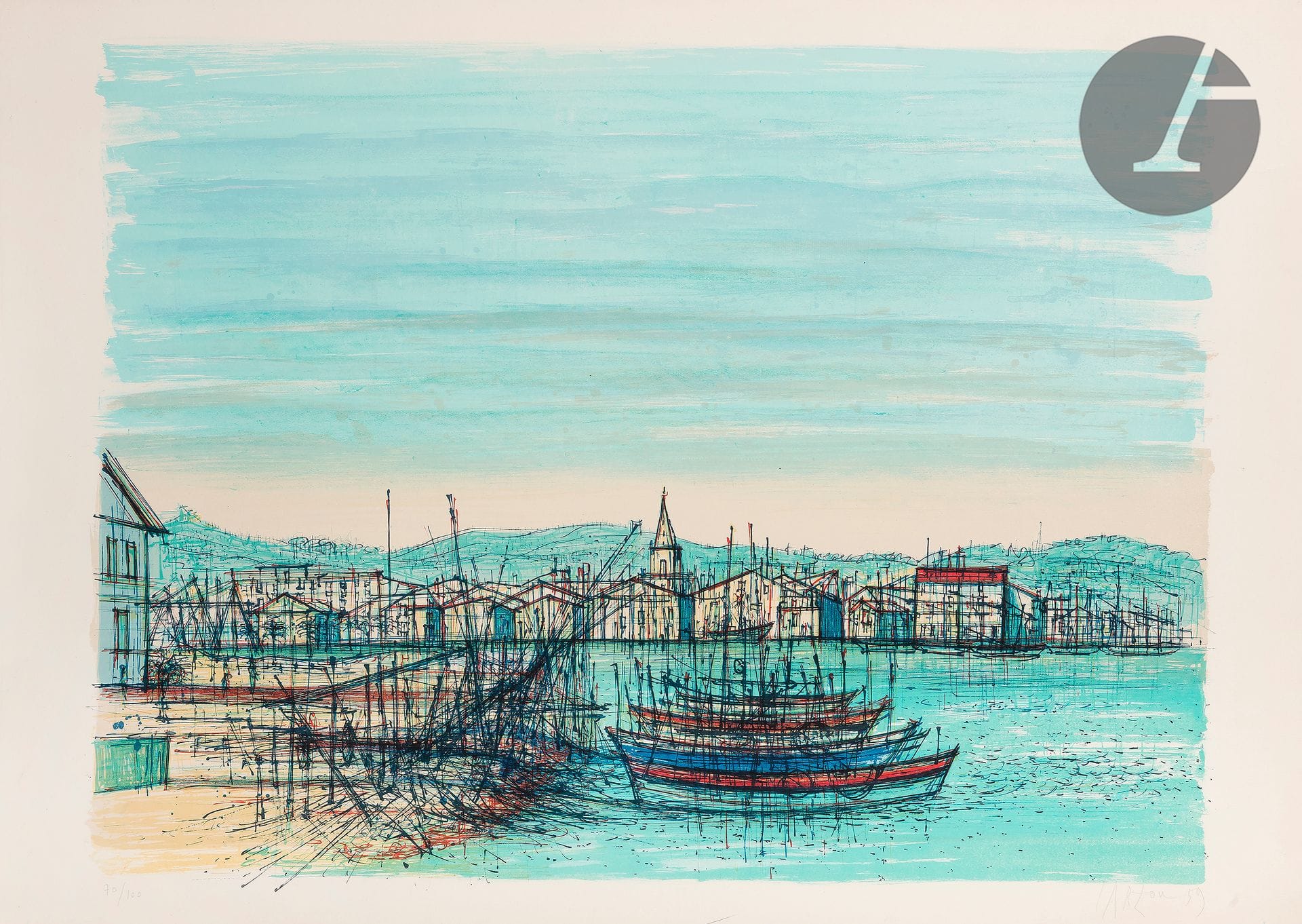 Jean Carzou (Karnik Zouloumian, dit) (1907-2000) 

Martigues. 1959. Lithographie. La feuille : 765 x 565 mm. Cailler 62. Impression en couleurs. Très belle épreuve sur vélin, numérotée, signée et datée au crayon. Toutes marges. Tirage à 100 épreuves. Mourlot éd.