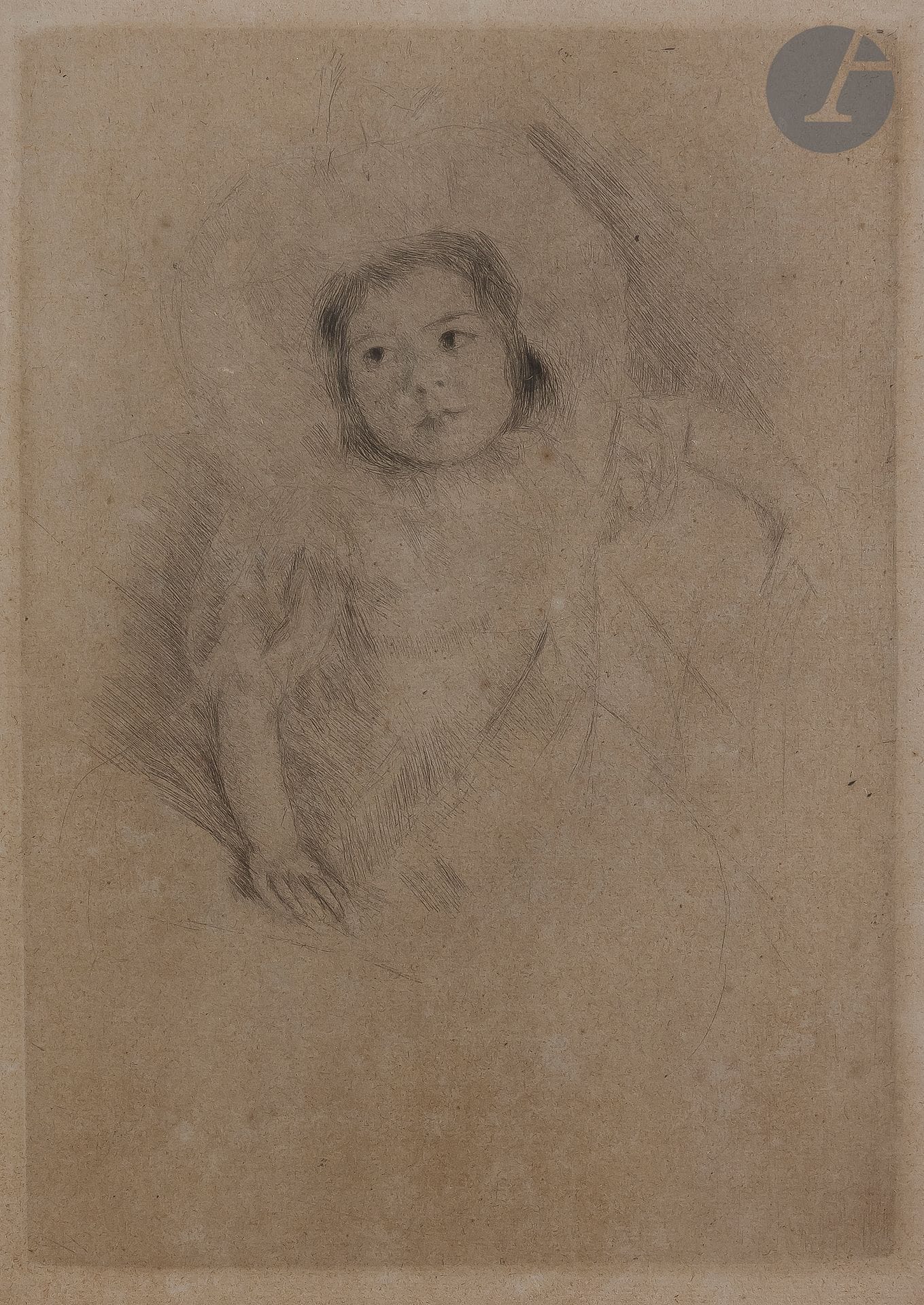 Mary Cassatt (1844-1926) 

Margot Wearing a Bonnet (N° 1). Vers 1902. Pointe sèche. 150 x 220 mm. Breeskin 179. Bonne épreuve sur vergé ancien, non signée, collée par les bords au verso sous passe-partout, insolée. Toutes marges. Sous verre.