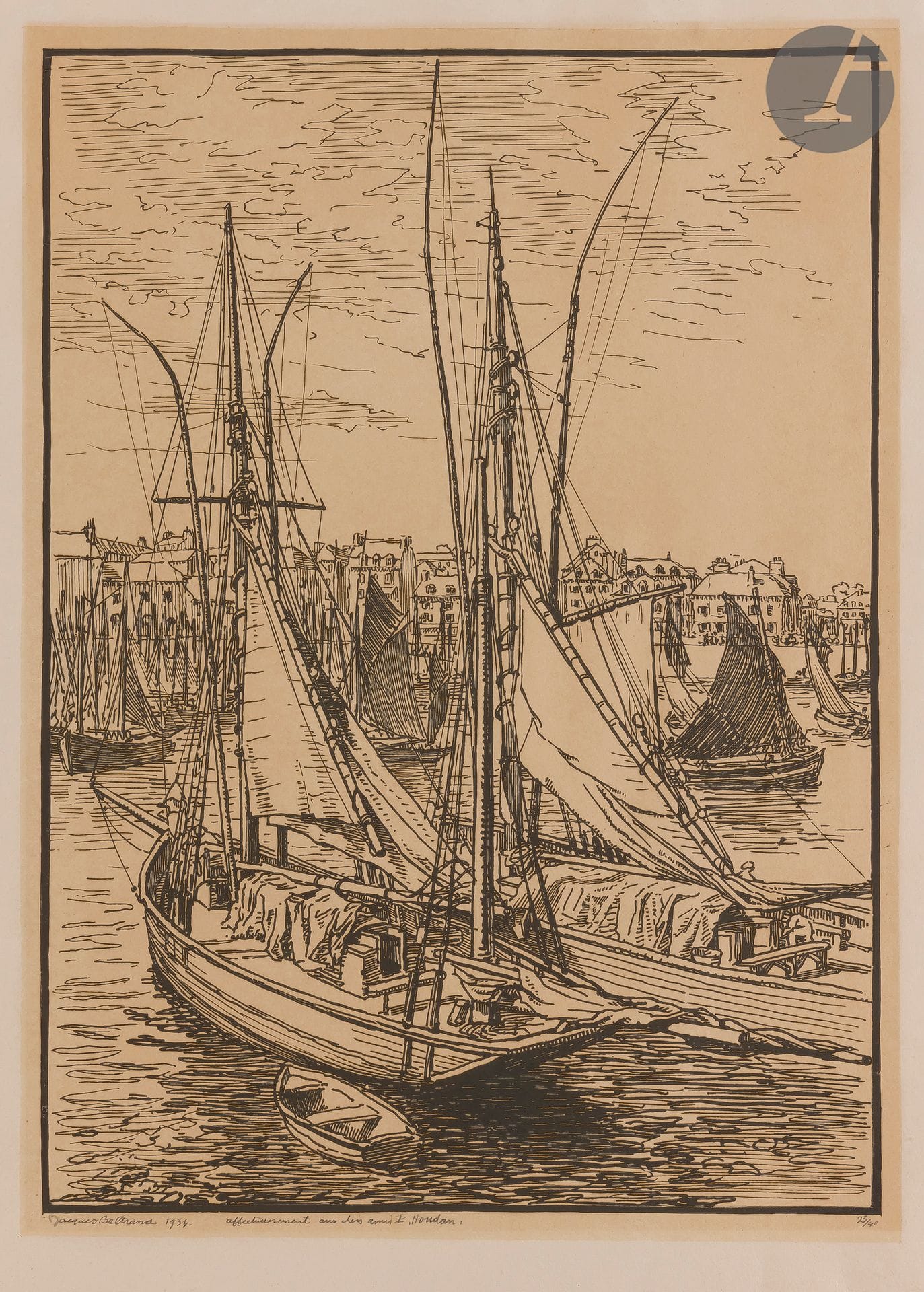 Jacques Beltrand (1874-1977) 

Sailboats in port. 1934. Engraved wood. 305 x 418 mm. Printed in colors. Very nice proof on ivory vellum, signed and dated, dedicated "affectionately to the dear friends E. Houdan", then numbered in pencil. All margins. Edition at 40 proofs.
