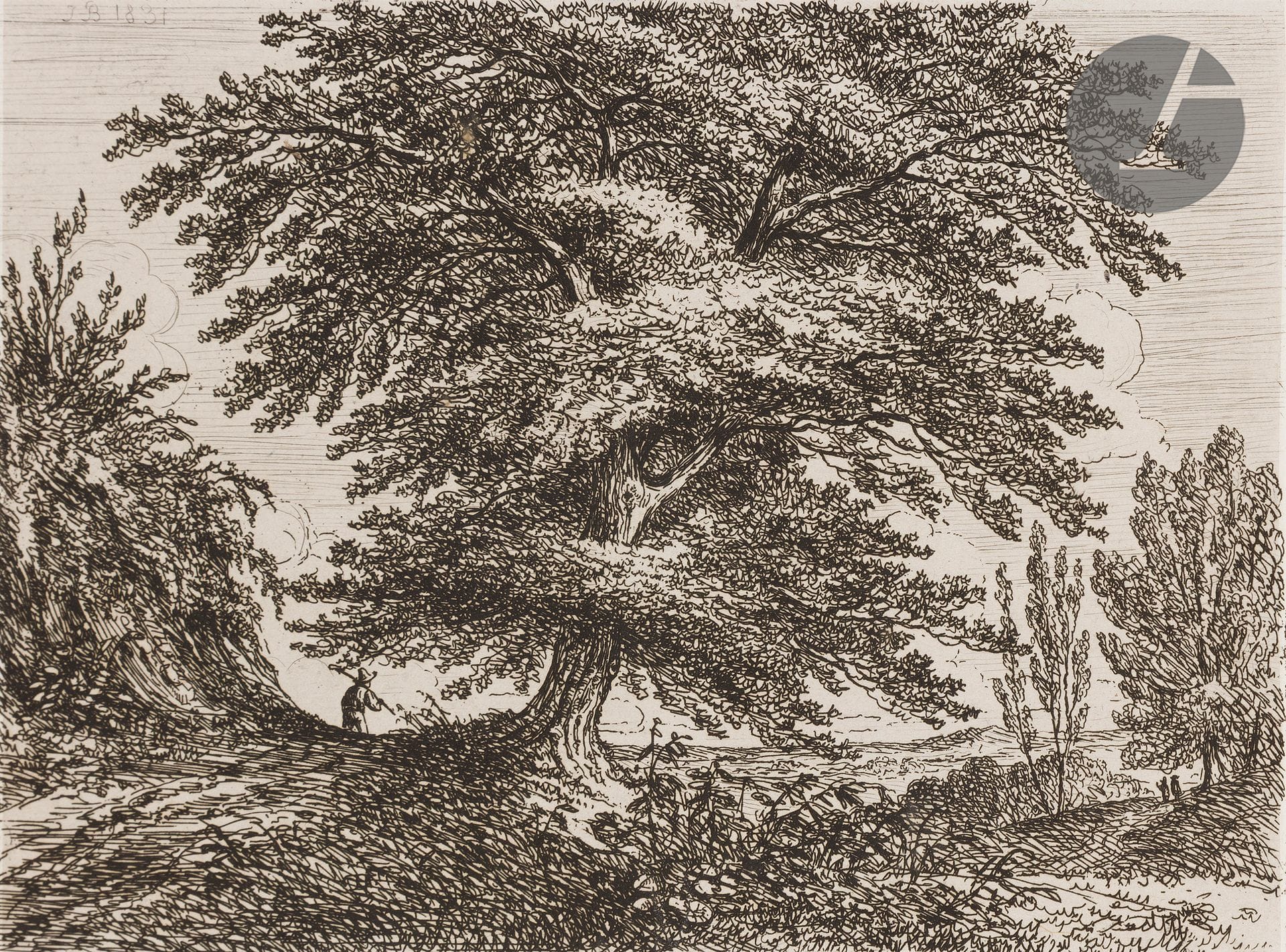Balthazar-Jean Baron (1788-1869) 

Le Grand arbre incliné vers la droite. 1831. Eau-forte. 160 x 110 mm. Audin et Vial 21. Très belle épreuve sur chine appliqué. Traces de colle aux bords du feuillet au verso. Grandes marges.