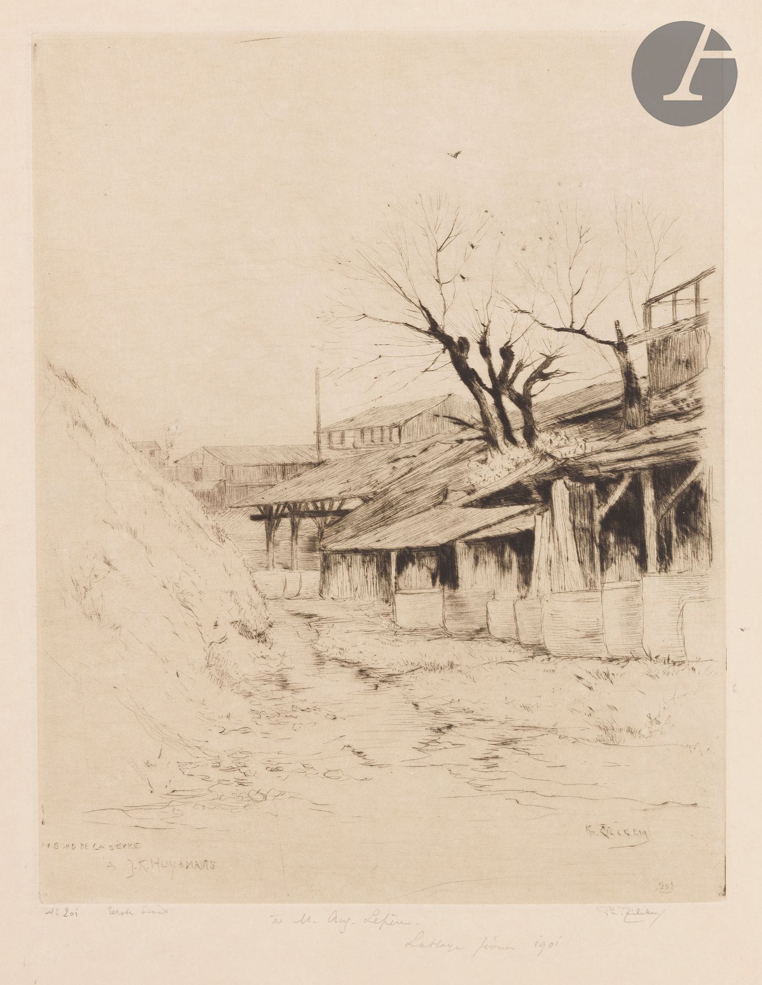 Philippe Zilcken (hollandais, 1857-1930) 

Au bord de la Bièvre (A J. K. Huysmans). 1901. Pointe sèche. 218 x 276 mm. Parfaite épreuve sur japon, annotée " Eerste Staat ", dédicacée " To M. Aug. Lepère / La Haye février 1901 " et signée. Toutes marges.