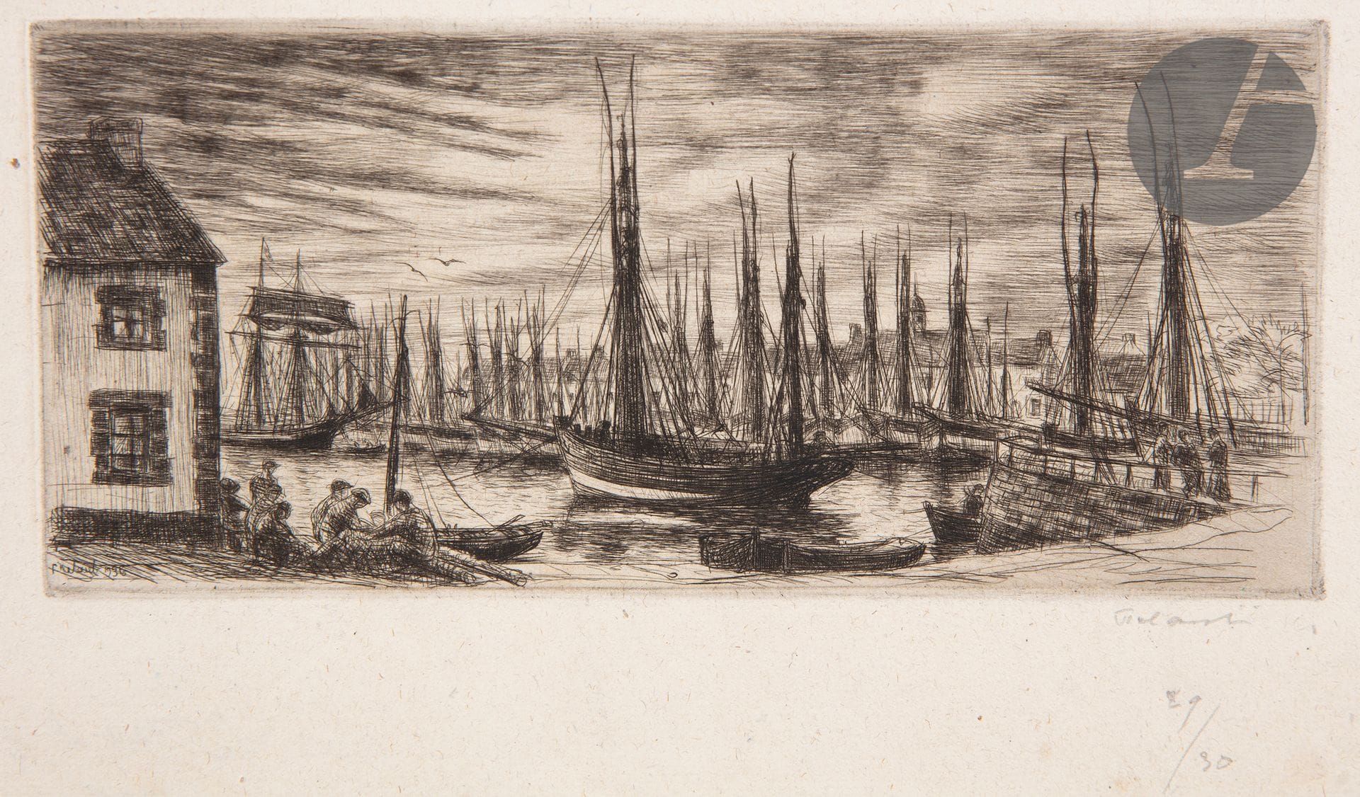 Jean Frélaut (1879-1954) 

Le Port d'Etel (Morbihan). 1936-1939. Pointe sèche et burin. 190 x 85 mm. Frélaut 456. Très belle épreuve sur vergé ancien mince, signée et numérotée au crayon. Toutes marges. Tirage à 30 épreuves.