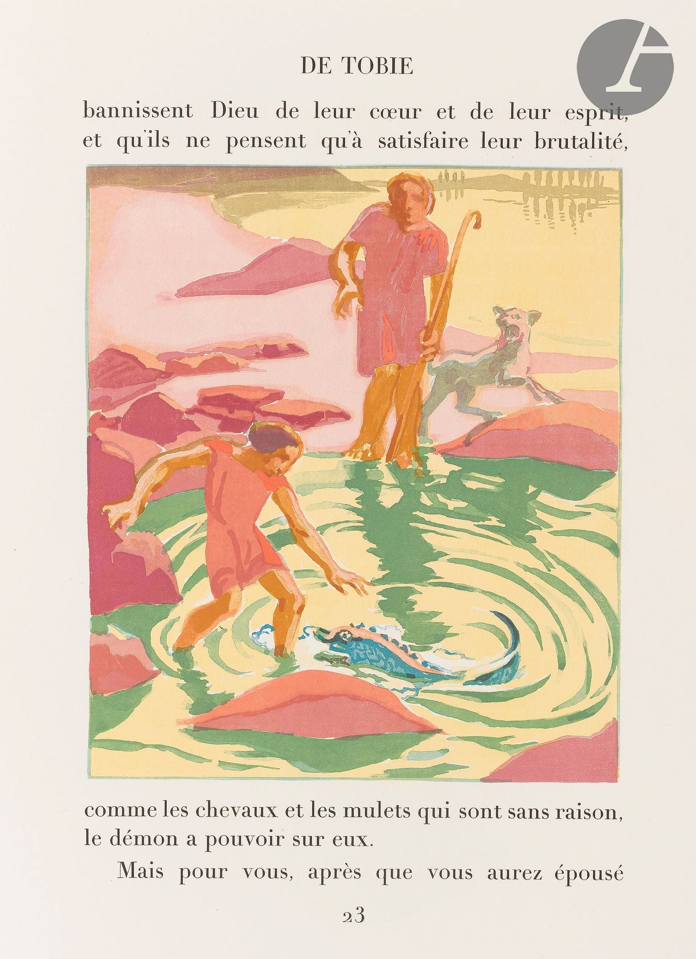 Maurice Denis (1870-1943) (d'après) 

Le Livre de Tobie. Traduit sur la Vulgate par Le Maistre de Sacy avec une préface de l'Abbé Jean-Pierre Altermann. Paris, 1929. Un vol. in-fol. [270 x 370 mm], en ff., illustré de 29 gravures sur bois in-texte par Jacques Beltrand d'après M. Denis. Couverture imprimée rempliée, chemise cartonnée à lacets de l'édition. Ex. très frais, numéroté, d'un tirage à 200.