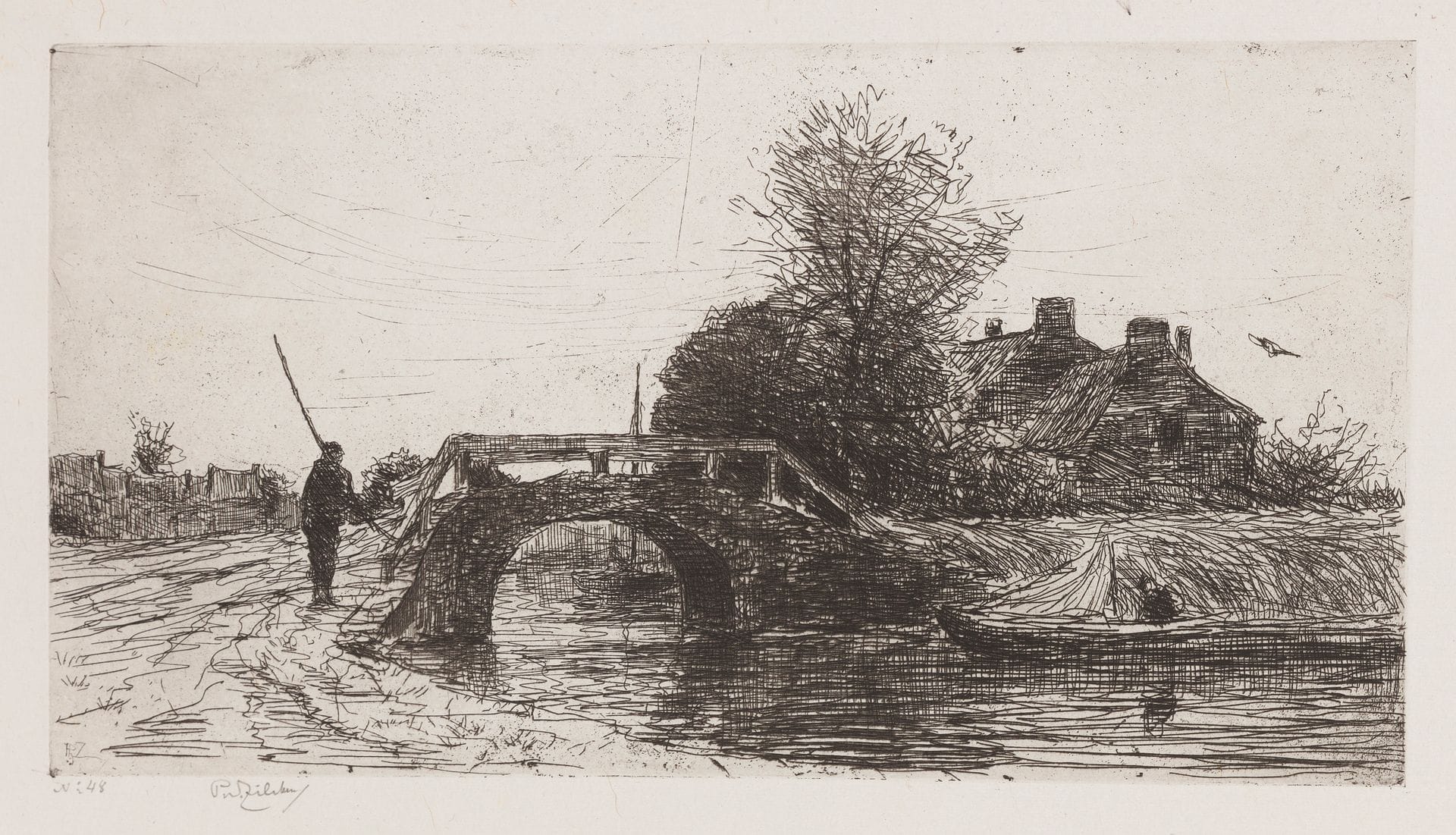 Philippe Zilcken (hollandais, 1857-1930) 

Pont, Loosduinsche Weg. Eau-forte. 261 x 140 mm. Très belle épreuve sur chine volant, signée et annotée au crayon " Près la Haye ". Toutes marges.