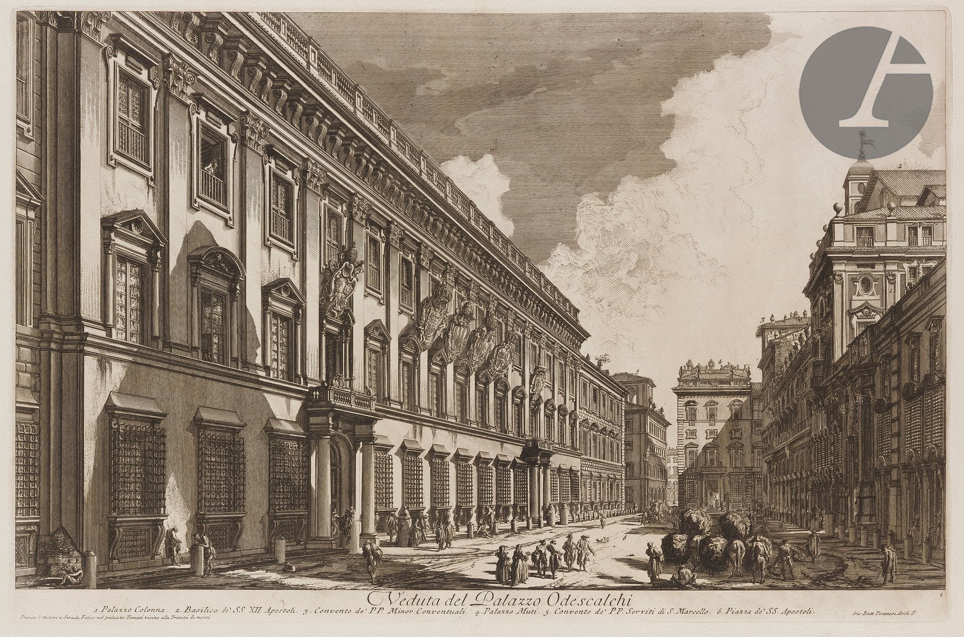 Giambattista Piranesi (1720-1778) 

Veduta del Palazzo Odescalchi (Palais Odescalchi). 1753. Eau-forte et burin. 620 x 400 mm, la feuille : 764 x 540 mm. Hind 26 (iii/v). Très belle et fraîche épreuve sur vergé fort, le prix effacé, avant le numéro 6. Numéro de folio 44 à la plume et à l'encre sépia dans l'angle supérieur droit. Pli vertical médian normal. Bord gauche irrégulier, légèrement déchiqueté, avec petits trous d'onglets de reliure. Grandes marges. 1er tirage parisien.