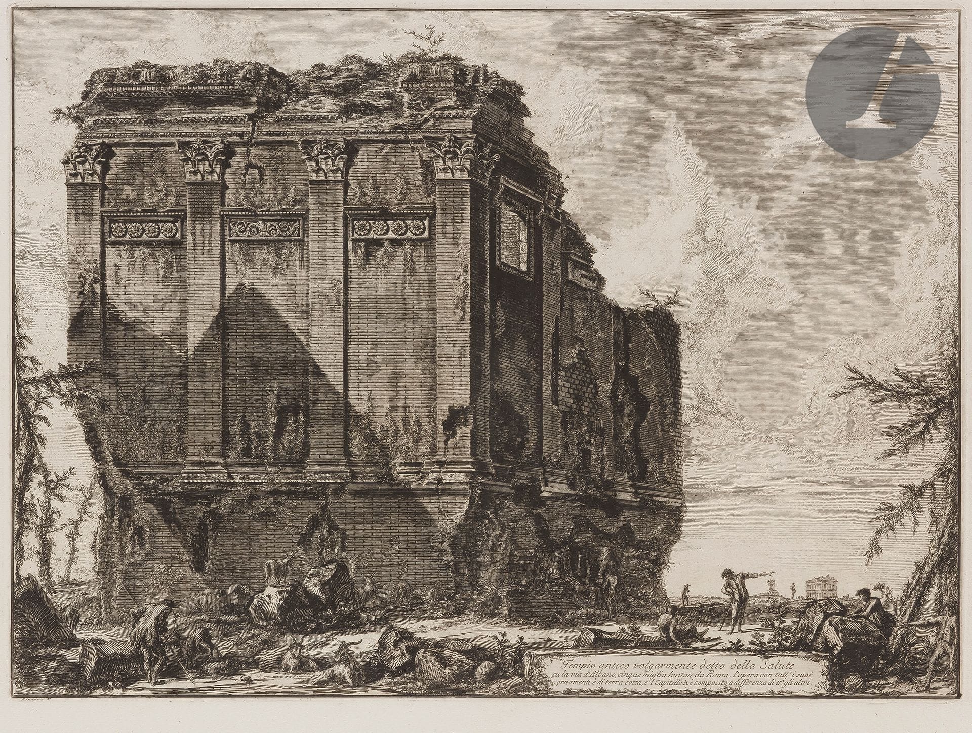 Giambattista Piranesi (1720-1778) 

Tempio antico volgarmente detto della Salute su la via d'Albano... (Le Temple dit de la Santé, sur la route d'Albano). 1763. Eau-forte et burin. 560 x 410 mm, la feuille : 762 x 540 mm. Hind 71 (ii/iv). Très belle épreuve sur vergé fort, avant le numéro 65. Numéro de folio 66 à la plume et à l'encre sépia dans l'angle supérieur droit. Pli vertical médian normal. Bord gauche irrégulier, légèrement déchiqueté, avec petits trous d'onglets de reliure. Petit arrachement dans l'angle inférieur droit. Grandes marges. 1er tirage parisien.