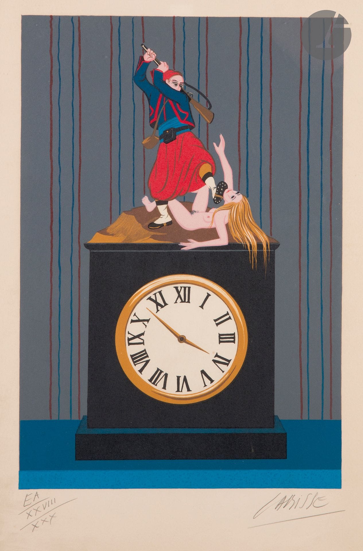 Félix Labisse (1906-1982) 

The clock. Stencil in colors. Sight : 315 x 490 mm. Nice proof on ivory vellum, one of the 30 artist's proofs, annotated "EA", numbered in roman numerals and signed in pencil. All margins. Framed.
