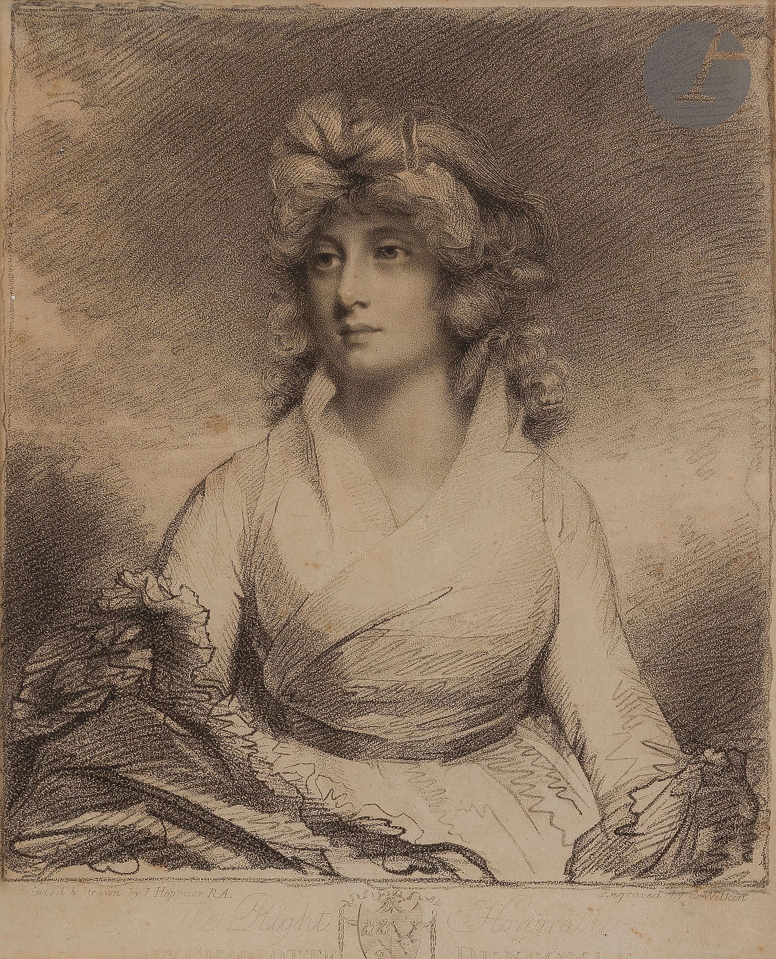 Charles Wilkin (1750-1814) 

The Right Honourable Lady Charlotte Duncombe. 1797 ; The Right Hon.ble Jane Elizabeth Viscountess Andover. 1799. Gravé au pointillé d'après J. Hoppner. Chaque à vue : 178 x 225 mm. Bonnes épreuves sur vélin, légèrement insolées. Rousseurs claires. Pas de marges apparentes. Cadres. Ens. 2 p.