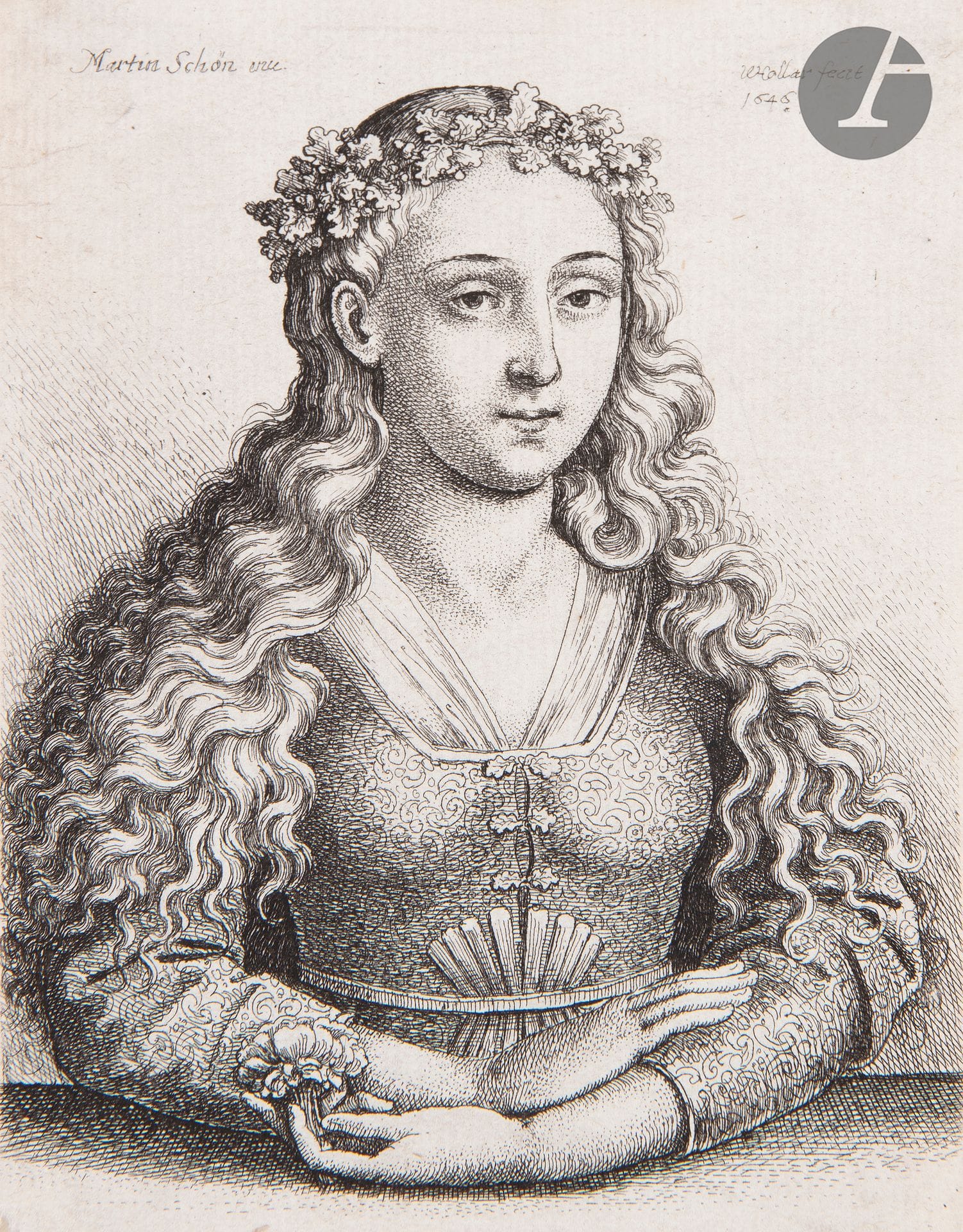 Wenzel ou Wenceslas Hollar (1607-1677) 

Femme couronnée de feuilles de chêne. 1646. Eau-forte d'après Schongauer. 88 x 117 mm. Pennington 1641. Belle épreuve rognée sur le coup de planche, avec petit arrachement dans l'angle inférieur gauche et épidermures au bord gauche au verso, visibles par transparence. Timbres de collection : Comte G. Archinto (Lugt 547), P. Hanus (L. 5253) et non identifié.