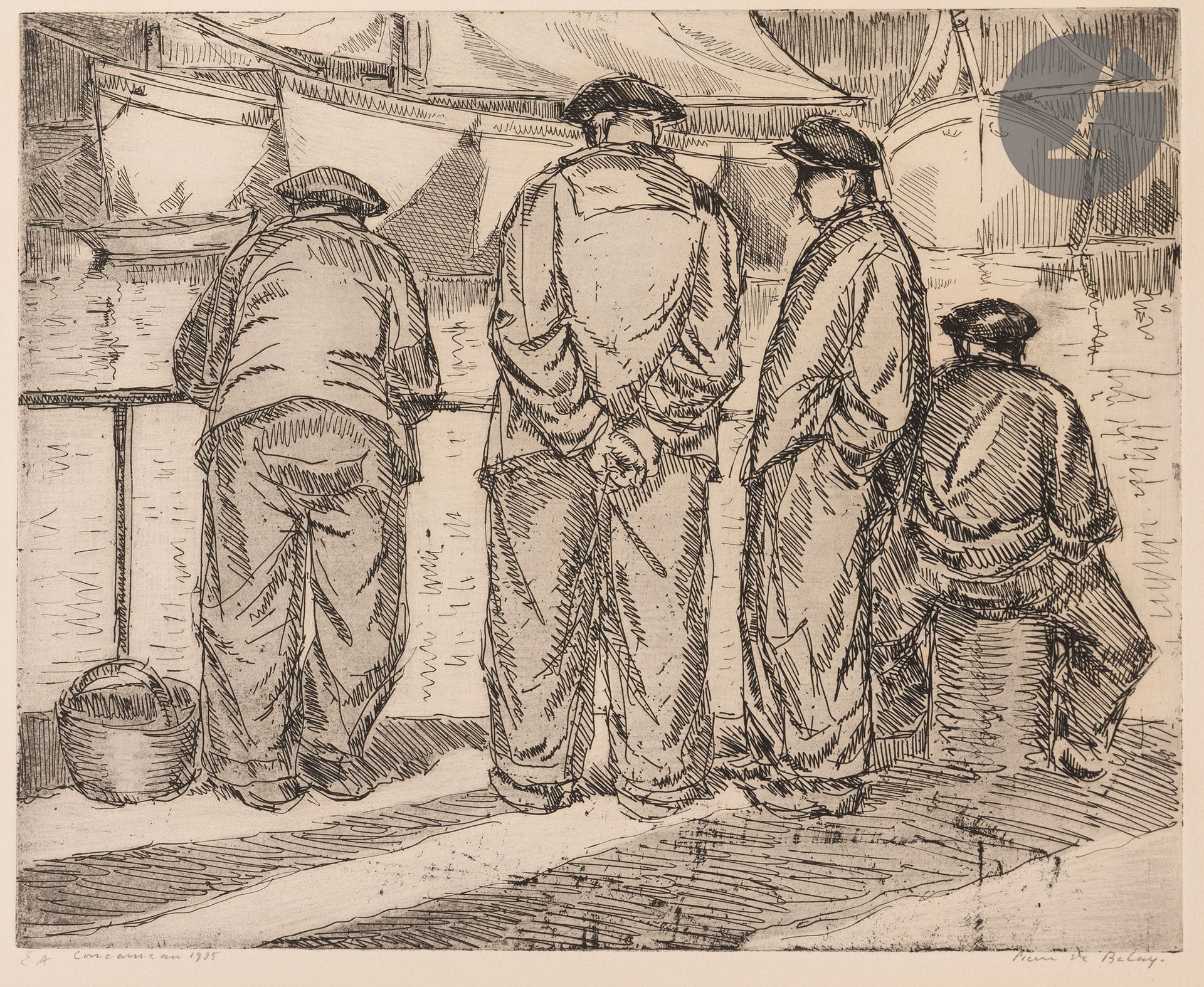 Pierre de Belay (1890-1947) 

Marins au port. 1935. Eau-forte et aquatinte. 385 x 295 mm. Belle épreuve sur vélin, annote " E A Concarneau 1935 " et signée au crayon. Trace d'oxydation marquée à l'ouverture d'un ancien montage. Bande de kraft gommé le long du bord supérieur au verso. Toutes marges.