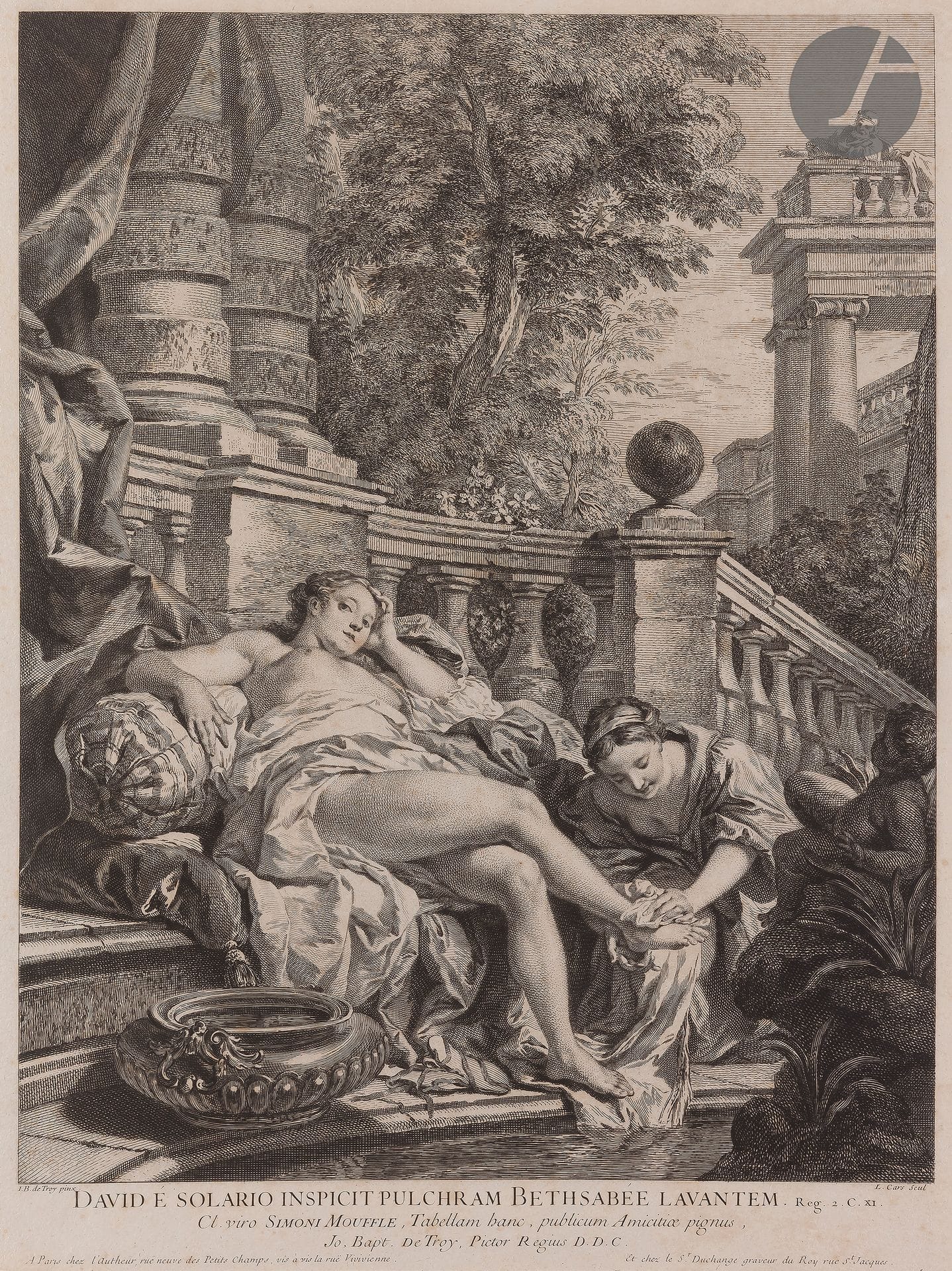 Laurent Cars (1699-1771) 

Bathsheba at the bath. About 1728. Engraved after J.-F. de Troy (painting in the Musée des Beaux-arts in Angers). 347 x 462 mm. I.F.F. 17. Nice proof on strong vellum, from a 19th century print. Framer's annotations in pencil on verso. Light brown spots. Narrow margins.