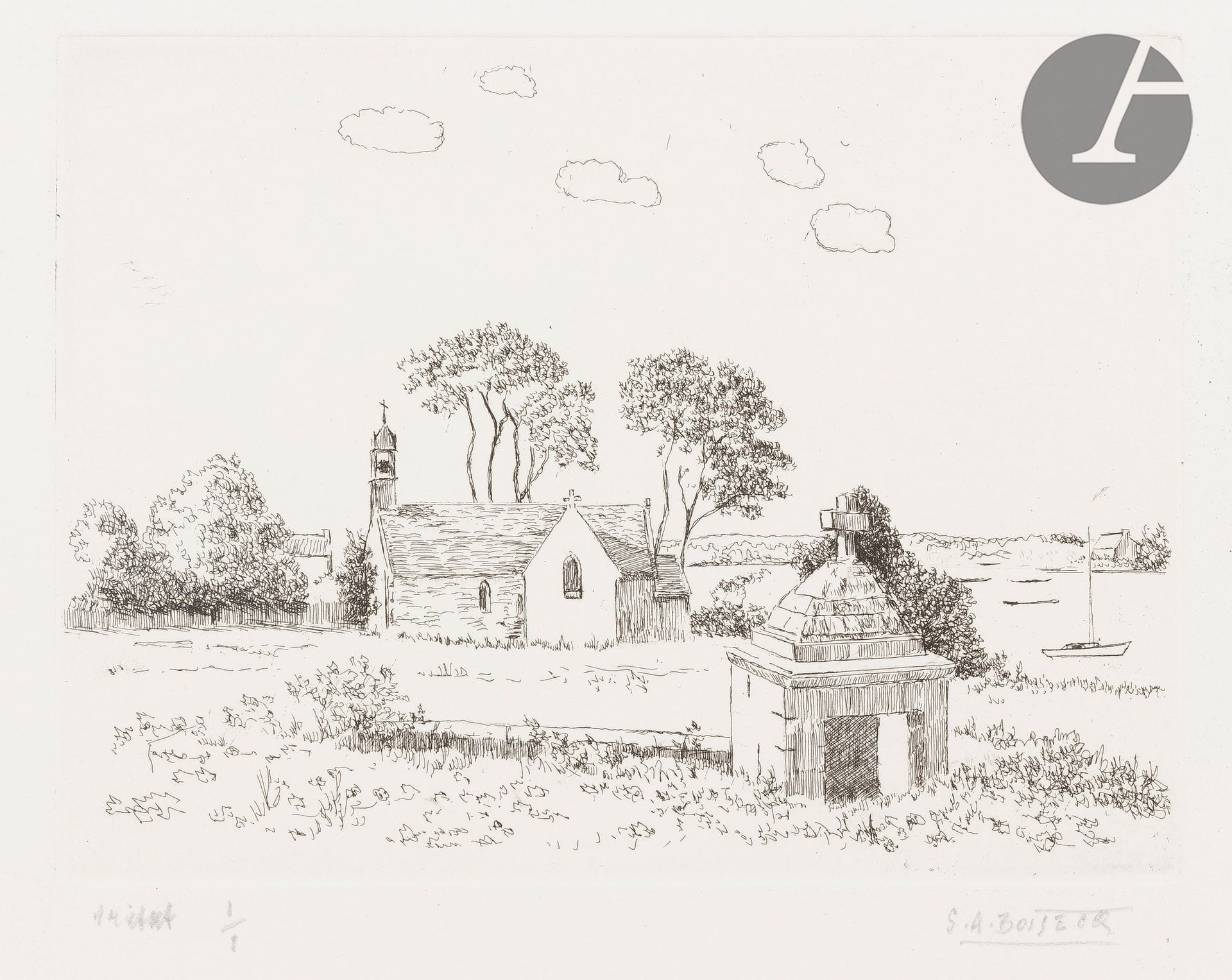 Salomon Alfred Boisecq (1911-2005) 

Paysages bretons. Vers 1960. Eau-forte. Feuille : 325 x 250 mm. Suite de 13 pl. Parfaites épreuves d'états sur vélin blanc, annotées et signées au crayon. Toutes marges. Portefeuille de toile bleue à rabats. Joint : 11 pl. de la même suite. Très belles épreuves sur vélin blanc, de l'état définitif, numérotées et signées au crayon. Toutes marges. Tirage à 20 épreuves.