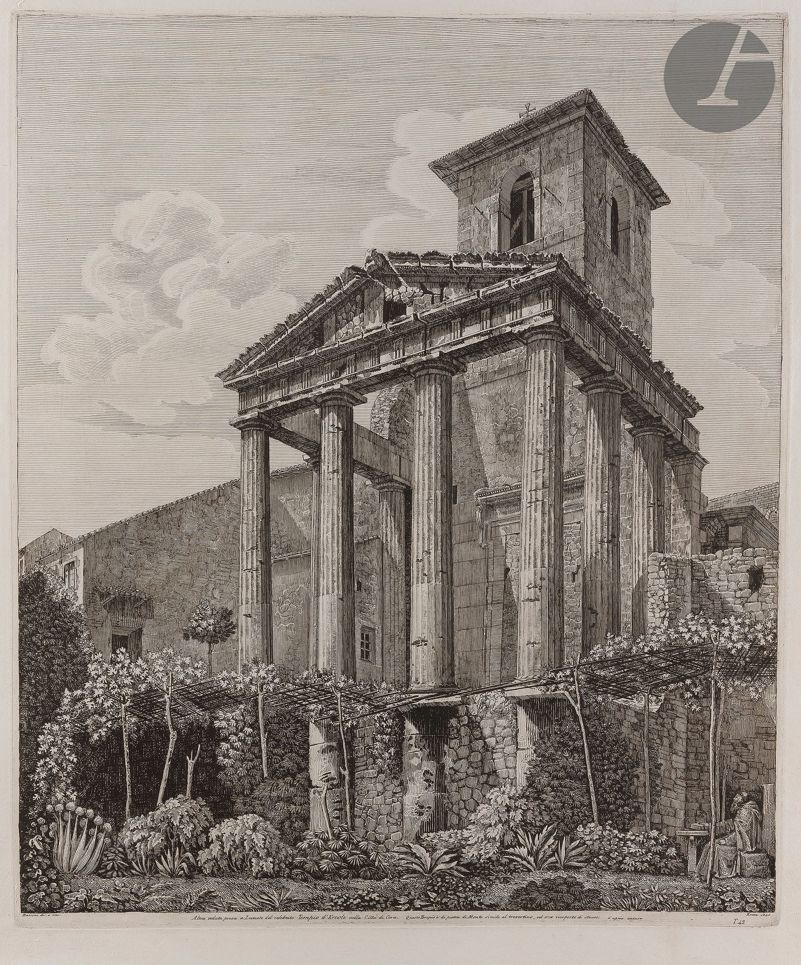 Luigi Rossini (1790-1857) 

Altra Veduta presa a Levante del celebro Telio d'Ercole... ; Veduta di un Tempio Antico... ; Terza Vedua della rovina della gran Basilica di S. Paolo fuori le mura... 1825 et 1826. (Pl. pour " Le Antichità de' contorni di Roma ossia le più famose città del Lazio. Tivoli, Albano, Castel Gandolfo, Palestrina, Tuscolo, Cora e Ferentino ", Rome, 1826). Eau-forte. Chaque feuille : 770-775 x 558 mm. Très belles épreuves sur vélin blanc. Menus accidents et petites taches aux bords des feuillets. Toutes marges. Ens. 3 p.