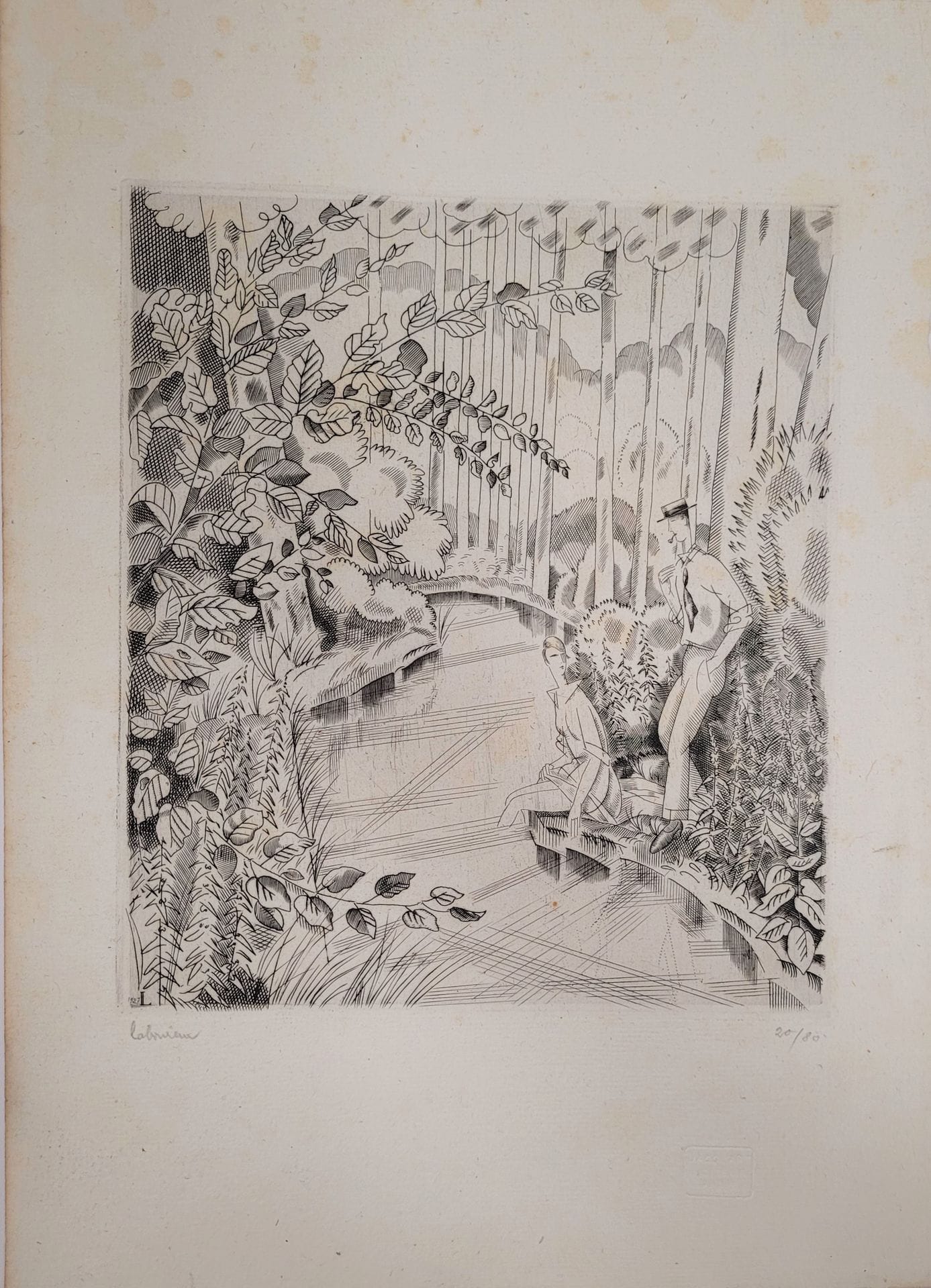 
*Jean-Emile Laboureur (1877-1943) 


The brook under wood. 1927. Burin. 190 x 220 mm. Laboureur 353. Very nice proof on old laid paper, signed and numbered in pencil. Fine trace of oxidation at the edges of the sheet. All margins. Edition at 80 proofs. Dry stamp : Jacquart éditeur Paris (Lugt not described).



On this lot: additional charge of 5,5 % for the temporary import tax.
