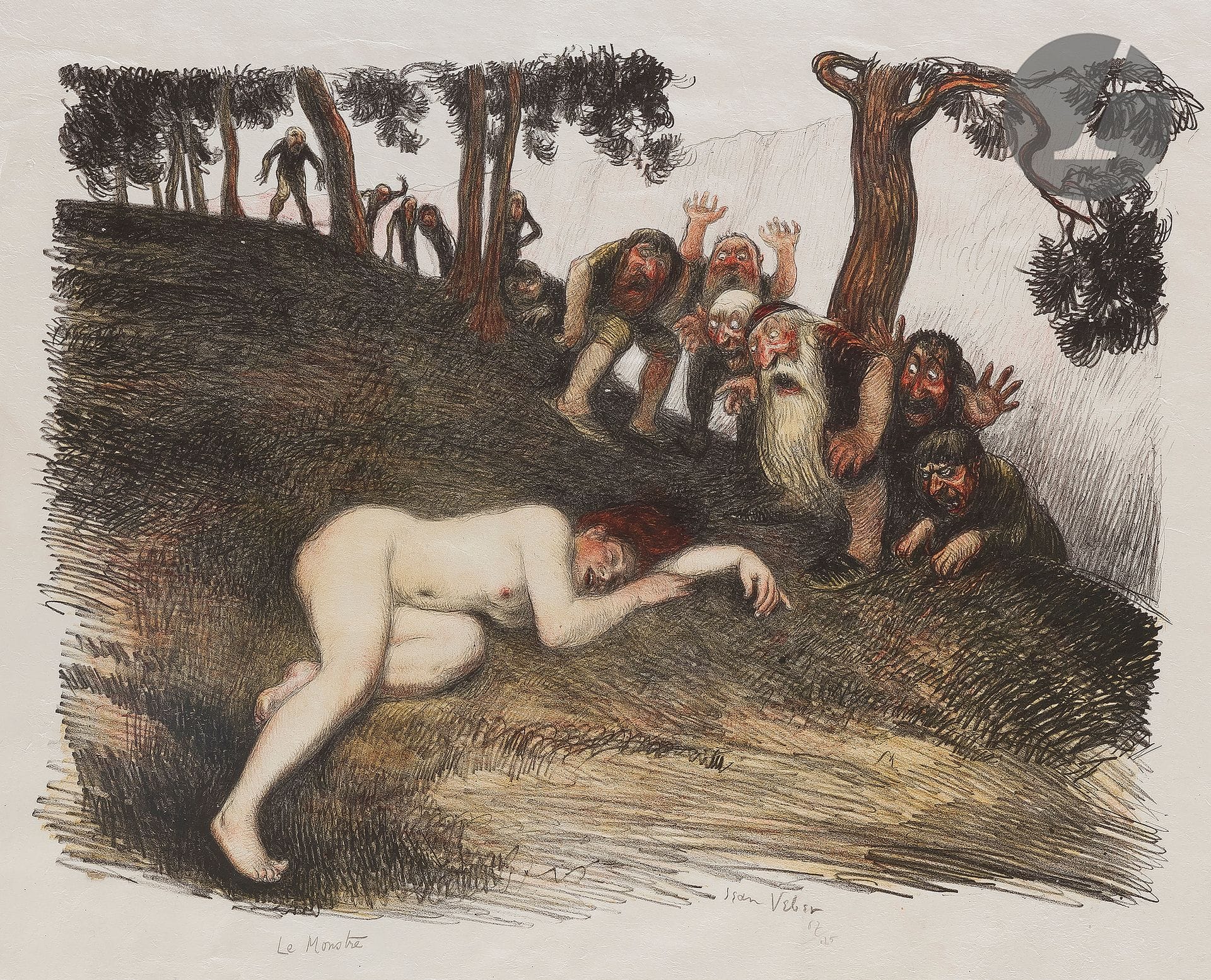 Jean Veber (1864-1928) 

Le Monstre. 1907. Lithographie. 380 x 293 mm. Veber et Lacroix 51. Impression en couleurs. Belle épreuve sur japon, titrée, signée et numérotée au crayon. Nombreuses traces de plis. Quelques rousseurs. Toutes marges non ébarbées. Tirage à 125 épreuves.