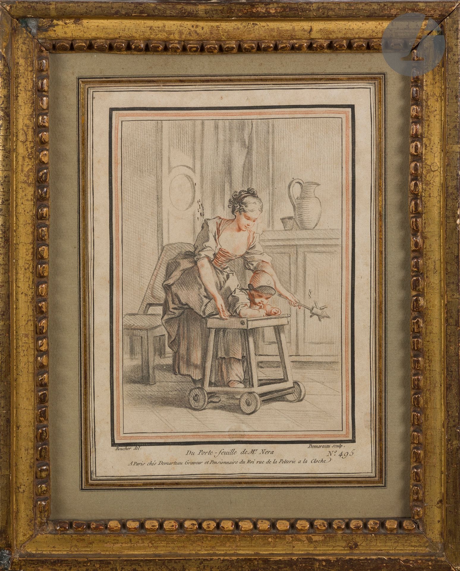 Gilles Demarteau (1722-1776) 

Jeune mère et enfant dans un chariot à roulettes. Gravure en manière de crayon d'après Boucher. 160 x 217 mm. I.F.F. 495. Impression en deux tons (noir et sanguine). Belle épreuve sur vergé, légèrement oxydée, rognée à l'extérieur des filets d'encadrement. Petites chiures de mouche au-dessus de la femme à gauche. Cadre doré d'époque Louis XVI, décor de rang de perles à la vue (recoupé, usures et restaurations).