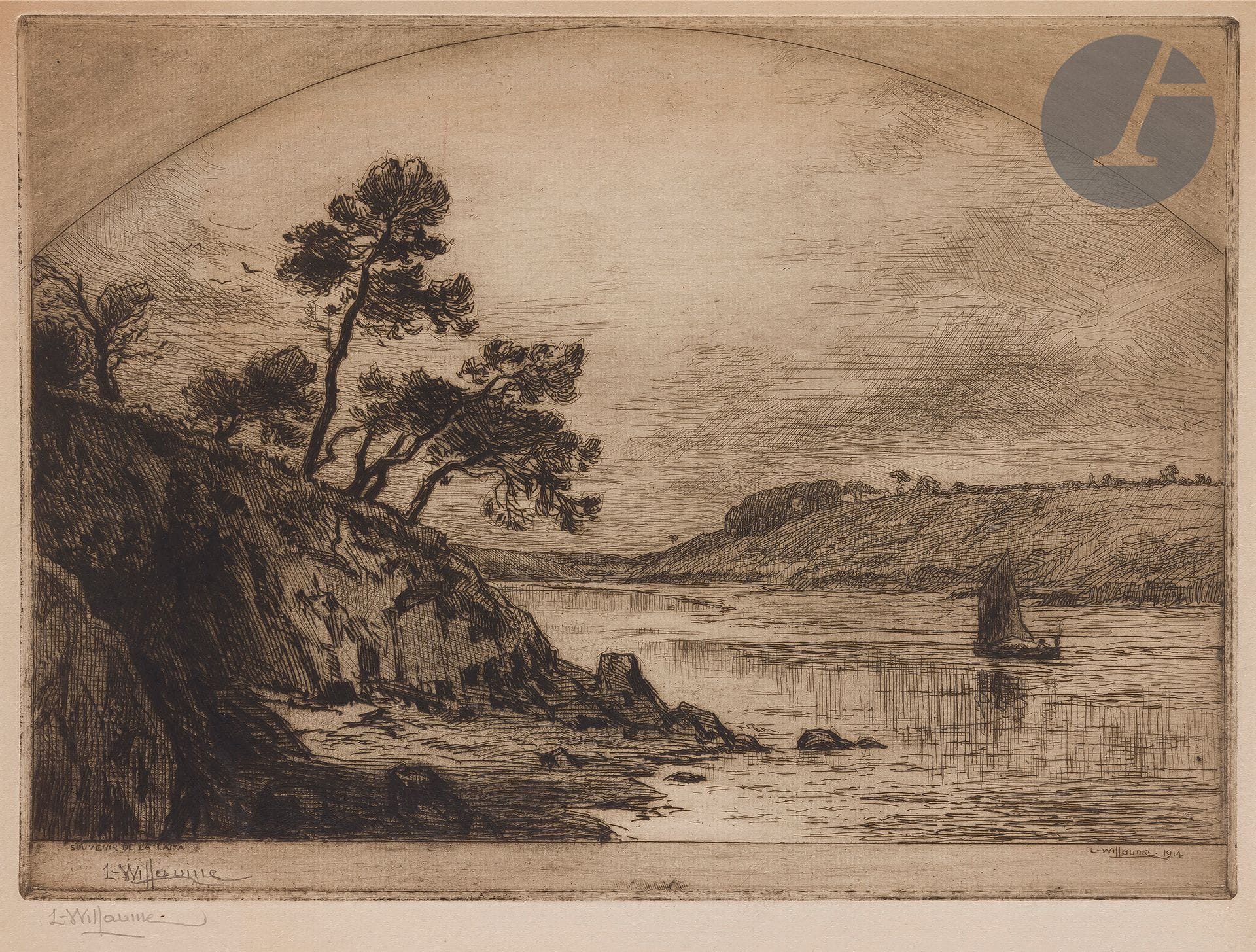 Louis Willaume (1874-1949) 

Souvenir de la Laïta. 1914. Eau-forte et pointe sèche. 330 x 240 mm. Très belle épreuve sur vergé, signée au crayon à deux reprises (une fois dans la marge inférieure du cuivre, une fois en-dessous). Oxydation du feuillet. Toutes marges.