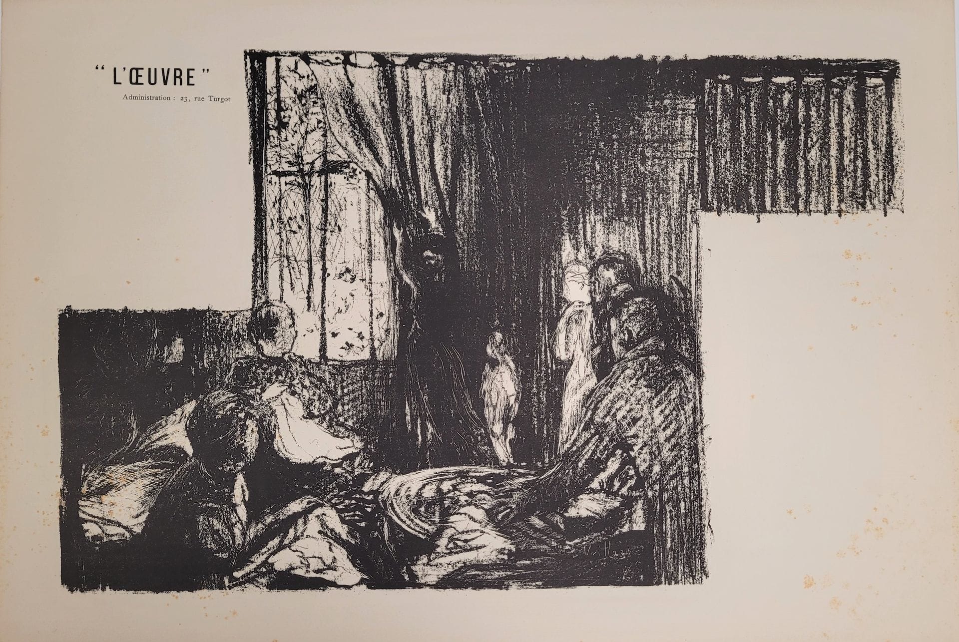 Edouard Vuillard (1868-1940) 

Les Soutiens de la société. (Pièce en 4 actes de Henrik Ibsen). Programme pour le Théâtre de l'œuvre. 1896. Lithographie. 495 x 315 mm. Roger-Marx 24 ; Aitken 85. Belle épreuve sur vélin glacé ivoire, d'un état intermédiaire non décrit, entre le 1er et le 2e, avec la mention " L'œuvre " mais avant la distribution. Rousseurs éparses. Court pli cassé dans l'angle inférieur gauche du feuillet. Bande d'empoussiérage au bord droit au verso. Toutes marges.