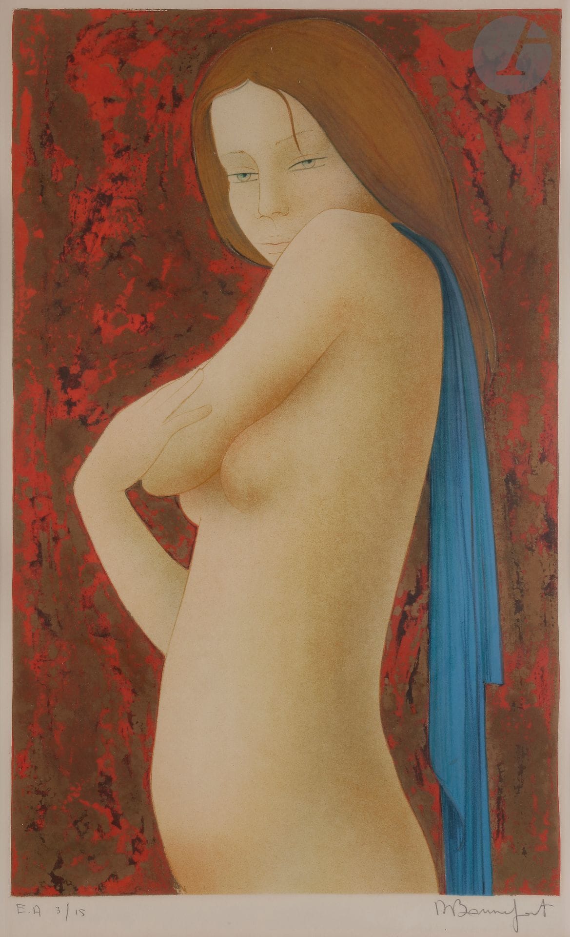 Alain Bonnefoit (born in 1937) 

Young nude woman in three-quarter view. About 1980. Lithograph. 385 x 630 mm. Printed in colors. Nice proof on vellum, justified and signed in pencil. Slight trace of insolation. Margins. Framed.