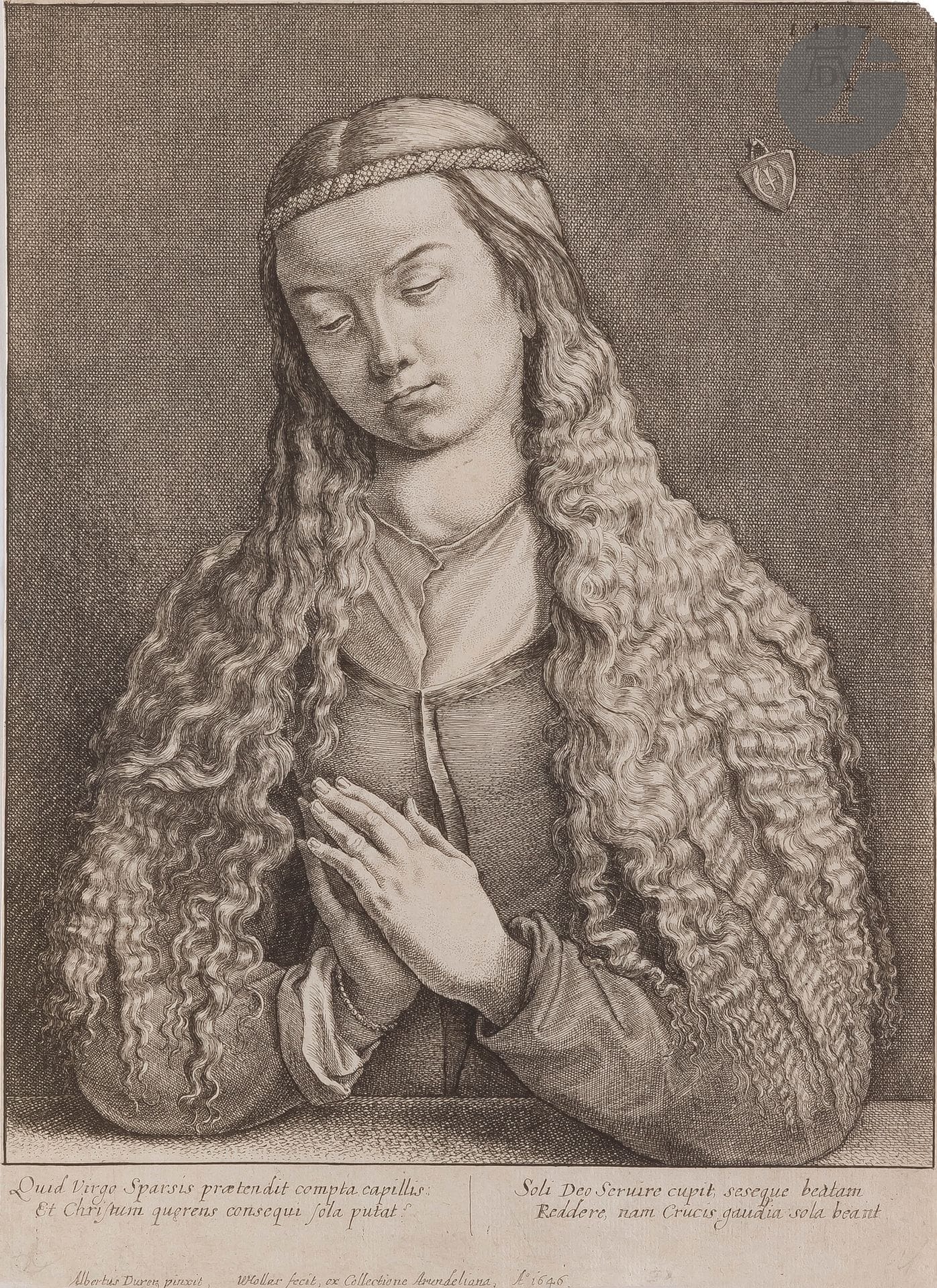 Wenzel ou Wenceslas Hollar (1607-1677) 

Femme aux cheveux dénoués, ou La Sainte Vierge. 1646. Gravé d'après A. Dürer (tableau daté 1497, de la collection Arundel, aujourd'hui conservé au Staedel Institut de Francfort). 175 x 242 mm. Pennington 1535. Bonne épreuve sur vergé mince, rognée sur le trait carré mais complète de la tablette. Petit arrachement dans l'angle supérieur droit.