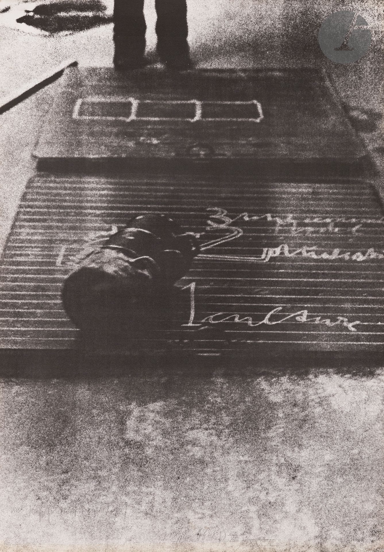 Joseph Beuys (German, 1921-1986)

In Kopf und Topf (In head and in pot). 1978. 

Silkscreen print. 100 x 70 cm.

Good proof on strong white vellum, titled, signed in pencil, one of 30 numbered in Roman numerals. Small accidents and marks of handling at the edges of the sheet. Final edition of 160 proofs.