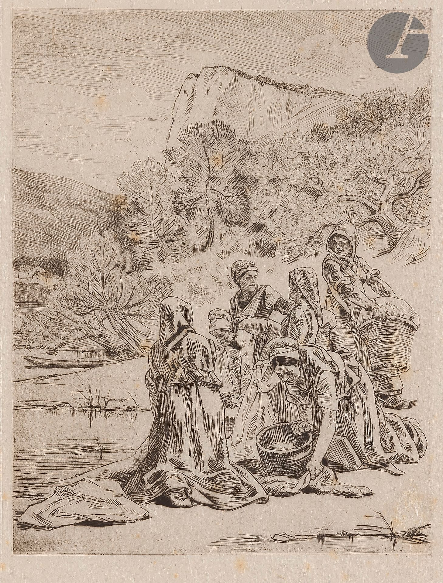 Félicien Rops (1833-1898) 

Les Laveuses. Eau-forte. 155 x 215 mm. Exsteens 229. Bonne épreuve sur japon vergé, du 2e état (sur 4), le monogramme gratté. Innombrables rousseurs. Plis cassés épars. Très grandes marges. Ex-coll. H. M. Petiet (Lugt 5031).