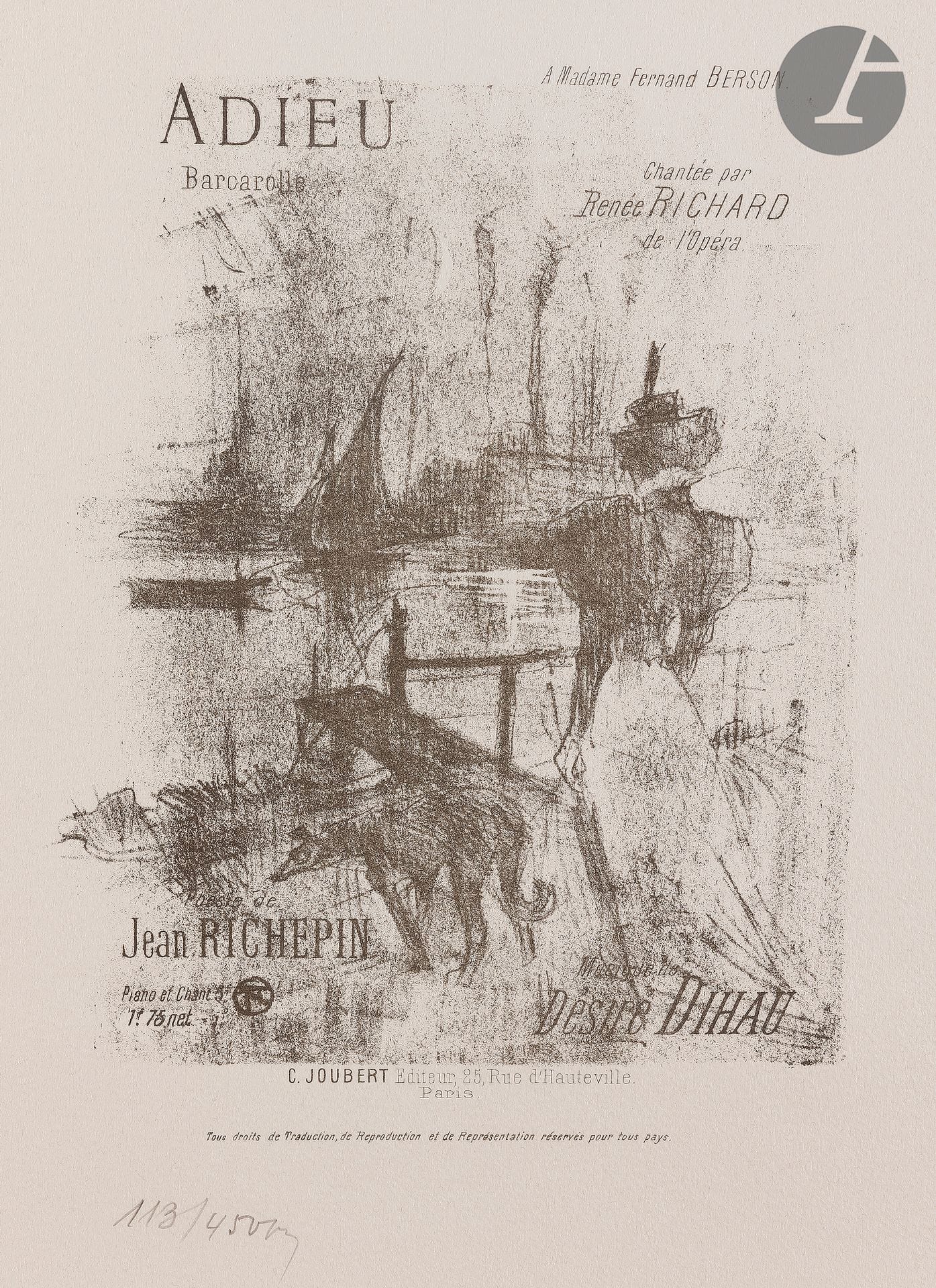 
*Henri de Toulouse-Lautrec (1864-1901) 


Adieu ; Le Secret ; Floréal ; Berceuse. (Titres de mélodies). 1895. Lithographie. La feuille : 320 x 420 mm. Delteil 129, 135, 139 et 142 ; Wittrock 124, 130, 134 et 136. Parfaites épreuves tirées en bistre sur vélin fort, numérotées au crayon, du tirage de 1978. Ens. 4 p.





Sur ce lot : frais additionnels de 5,5 % au titre de la taxe à l’importation temporaire.