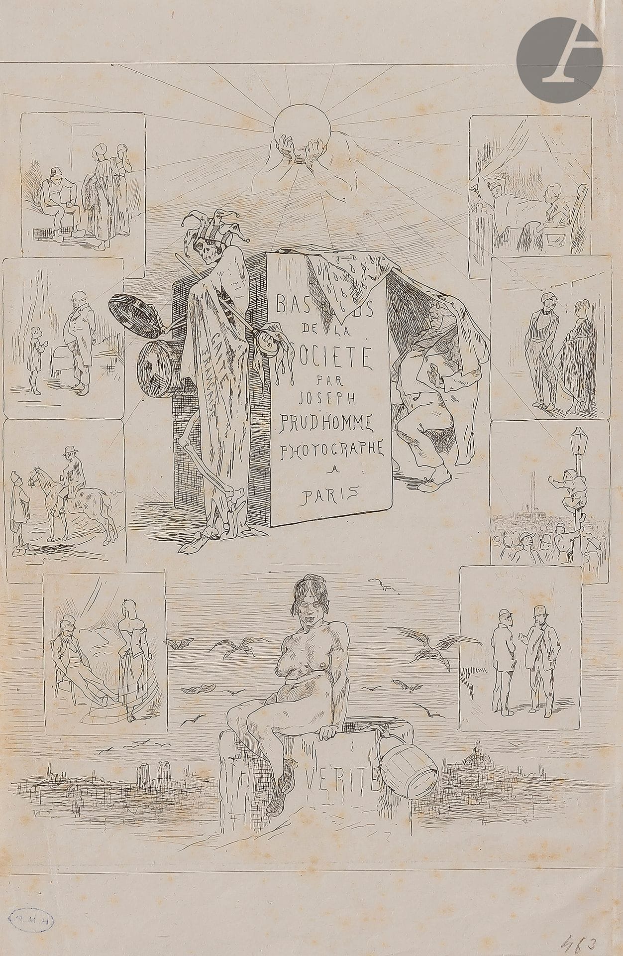 Félicien Rops (1833-1898) 

Les Bas-fonds de la société (frontispice). 1864. Eau-forte. 160 x 245 mm. Exsteens 463 ; Rouir 891. Bonne épreuve sur chine volant, rognée à l'intérieur du coup de planche latéralement (à gauche avec entame du trait carré). Rousseurs éparses et plis cassés obliques. Menus accidents et accrocs aux bords du feuillet. Marges du cuivre en tête et en pied. Ex-coll. H. M. Petiet (Lugt 5031).