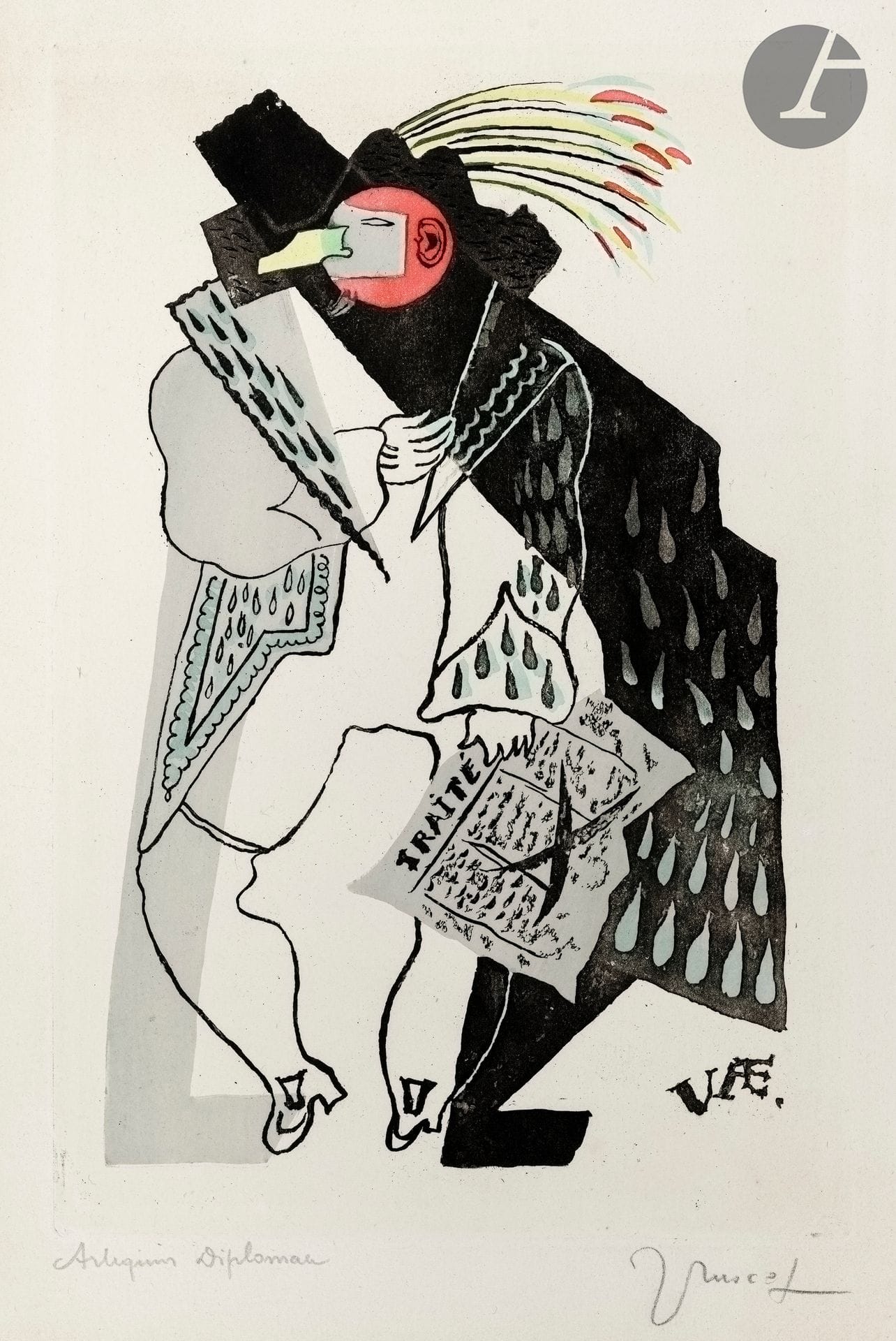 Jean Lurçat (1892-1966) 

Arlequin diplomate. (Pl. pour l'album Toupies). 1925. Eau-forte et coloris au pochoir. 178 x 269 mm. Très belle et fraîche épreuve sur vélin, titrée et signée au crayon. Légère trace d'oxydation le long du bord inférieur du feuillet et au verso. Toutes marges.