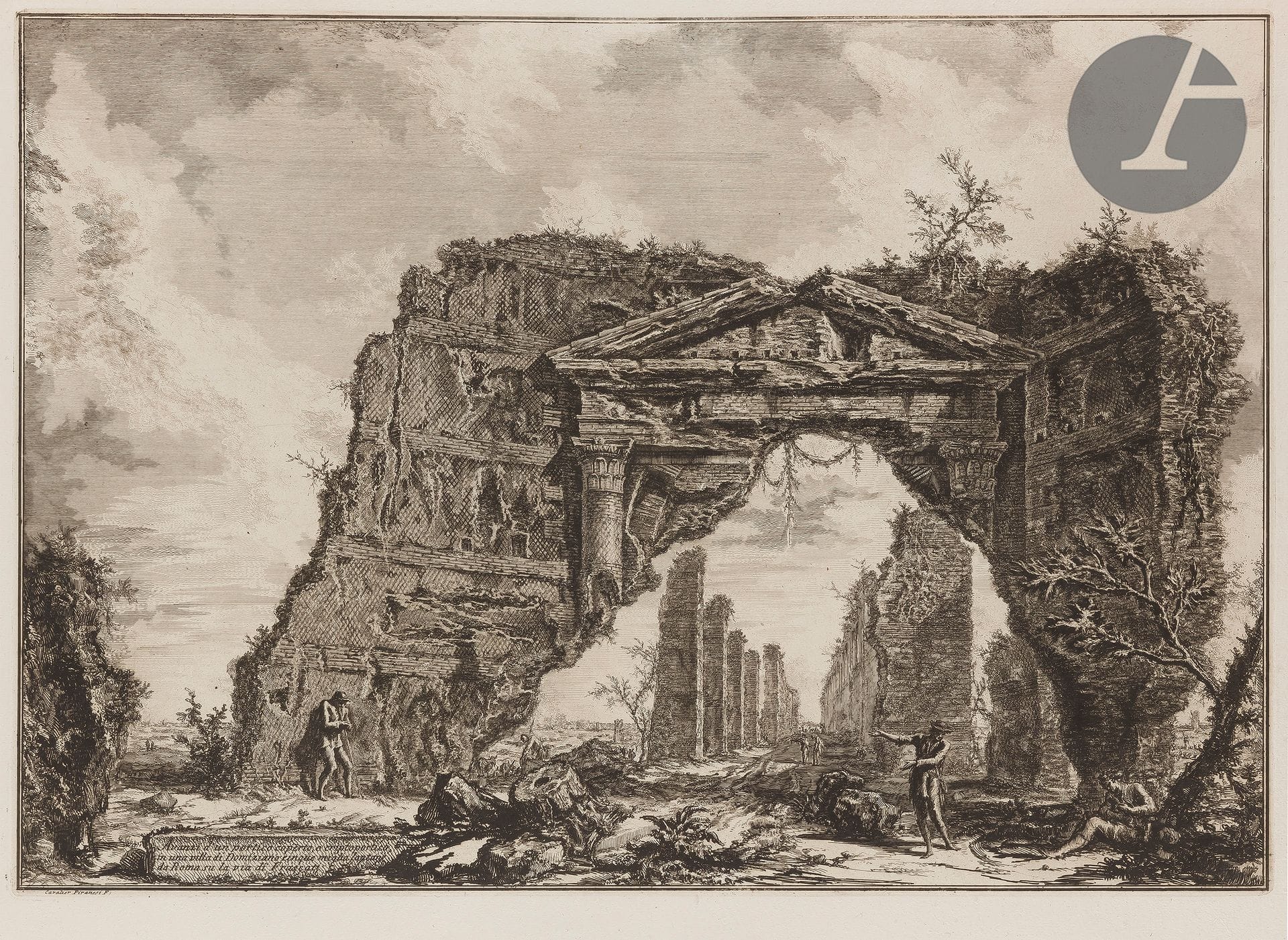 Giambattista Piranesi (1720-1778) 

Avanzi d'un portico coperto... (Entrance to the villa known as "Sette Bassi"). 1766. Etching and burin. 605 x 422 mm, the sheet: 760 x 538 mm. Hind 79 (ii/iv). Very nice and fresh proof on strong laid paper, before number 66. Folio number 67 in pen and sepia ink in the upper right corner. Normal median vertical fold. Left edge irregular, slightly ragged, with small binding tab holes. Large margins. First Parisian edition.