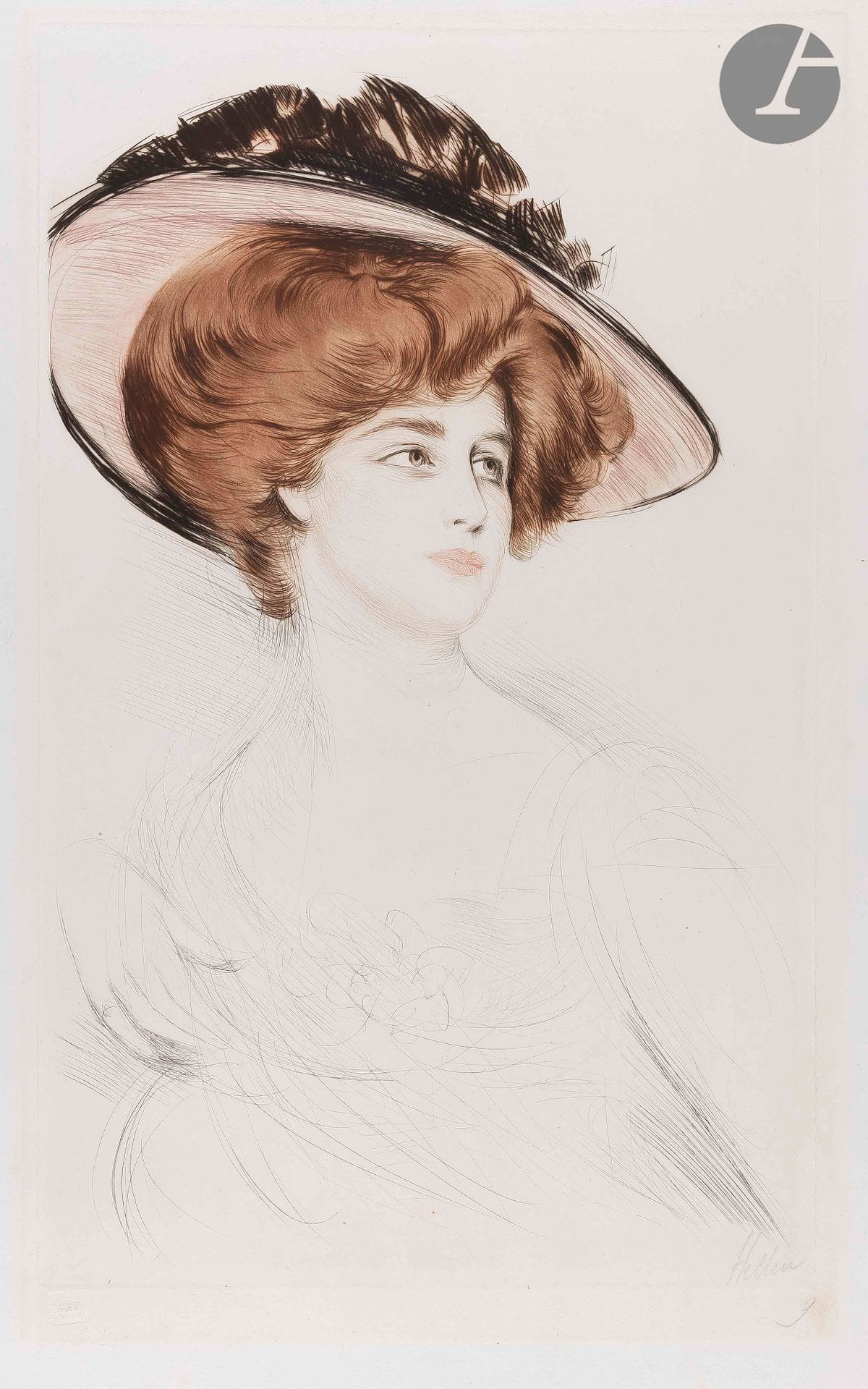 Paul-César Helleu (1859-1927
)Redheaded woman in bust, in hat. About 1900. Drypoint. 338 x 548. Printed in colors. Nice proof on strong white vellum, signed and numbered in pencil, carefully washed and re-pasted. Persistent light trace of oxidation at the opening of an old mount. A few tiny spots of rust. All margins. Dry stamp : Cercle de la Librairie (Lugt 438).
