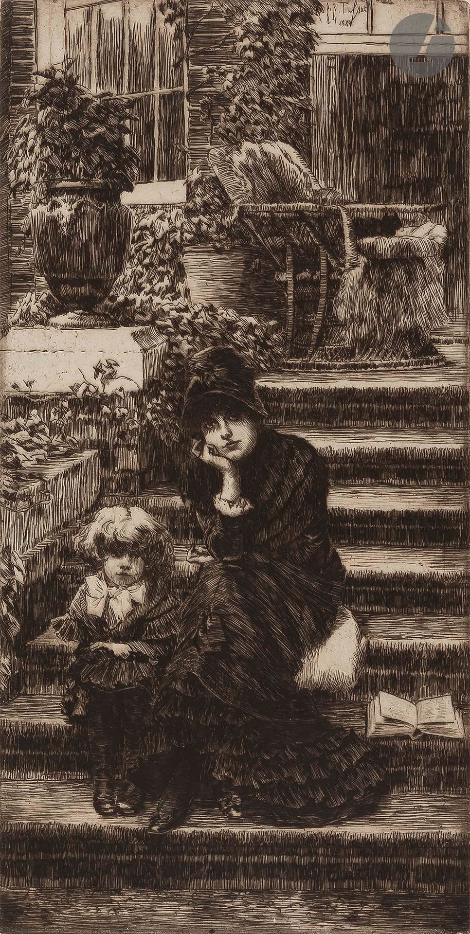 James J.-J. Tissot (1836-1902
)Reverie. 1881. Etching. 112 x 225. Wentworth 52. Very nice proof on cream laid paper from an old register (with annotations in pen and sepia ink on the reverse). Soiling on verso. All margins untrimmed.
