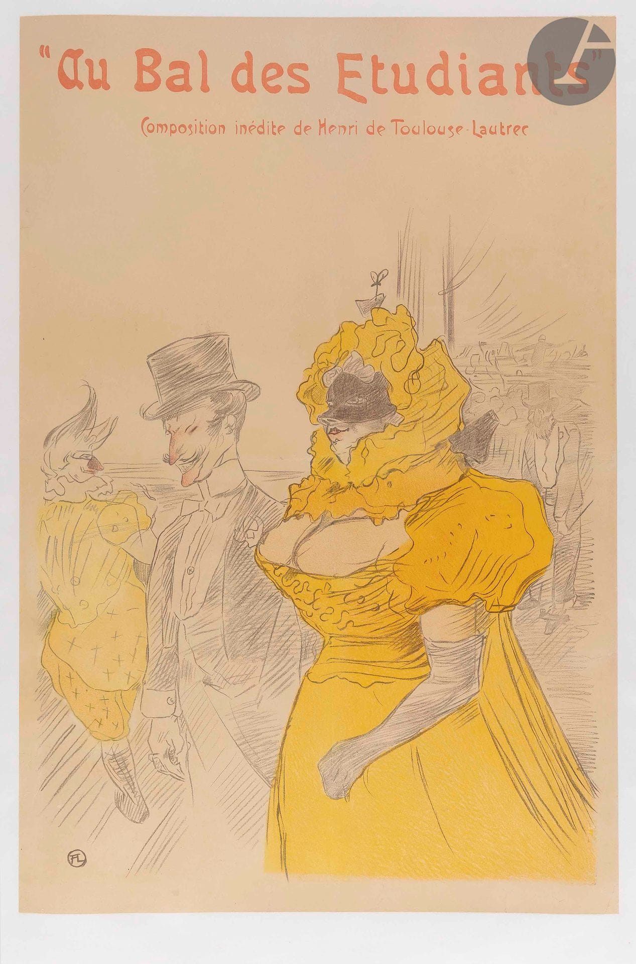 Henri de Toulouse-Lautrec (1864-1901)
Au Bal des Étudiants. 1901. Lithographie. La feuille : 368 x 558. Impression en couleurs. Très belle épreuve sur vélin, doublée sur vélin blanc et entoilée. Léger empoussiérage persistant en tête. Quelques courtes déchirures restaurées aux bords du feuillet. Toutes marges.

 Dernière affiche pour laquelle Lautrec fournit le dessin, quelques mois avant sa mort. Il n’est pas l’auteur de la lettre ajoutée en tête. Le bal des étudiants devait se tenir à Bordeaux.