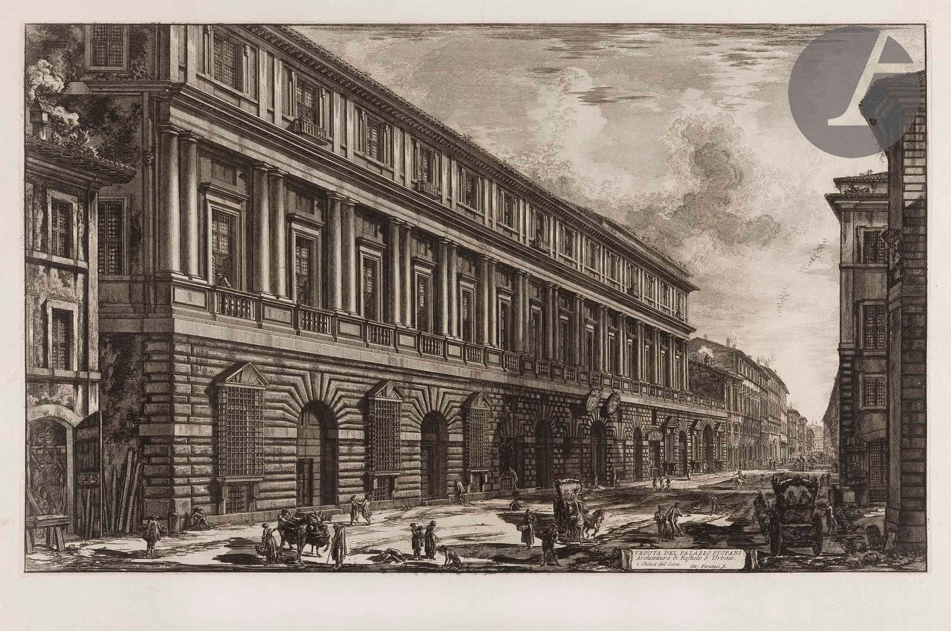 Giambattista Piranesi (1720-1778)
Veduta del Palazzo Stopani (Le Palais Vidoni). 1776. Eau-forte et burin. 670 x 418 [760 x 538]. Hind 128 (i/iii). Très belle épreuve sur vergé fort, avant les numéros. Numéro de folio 42 à la plume et à l’encre sépia dans l’angle supérieur droit. Pli vertical médian avec petit renfort en pied au verso. Bord gauche irrégulier, déchiqueté, avec petits trous d’onglets de reliure et manques. Grandes marges. 1er tirage parisien.