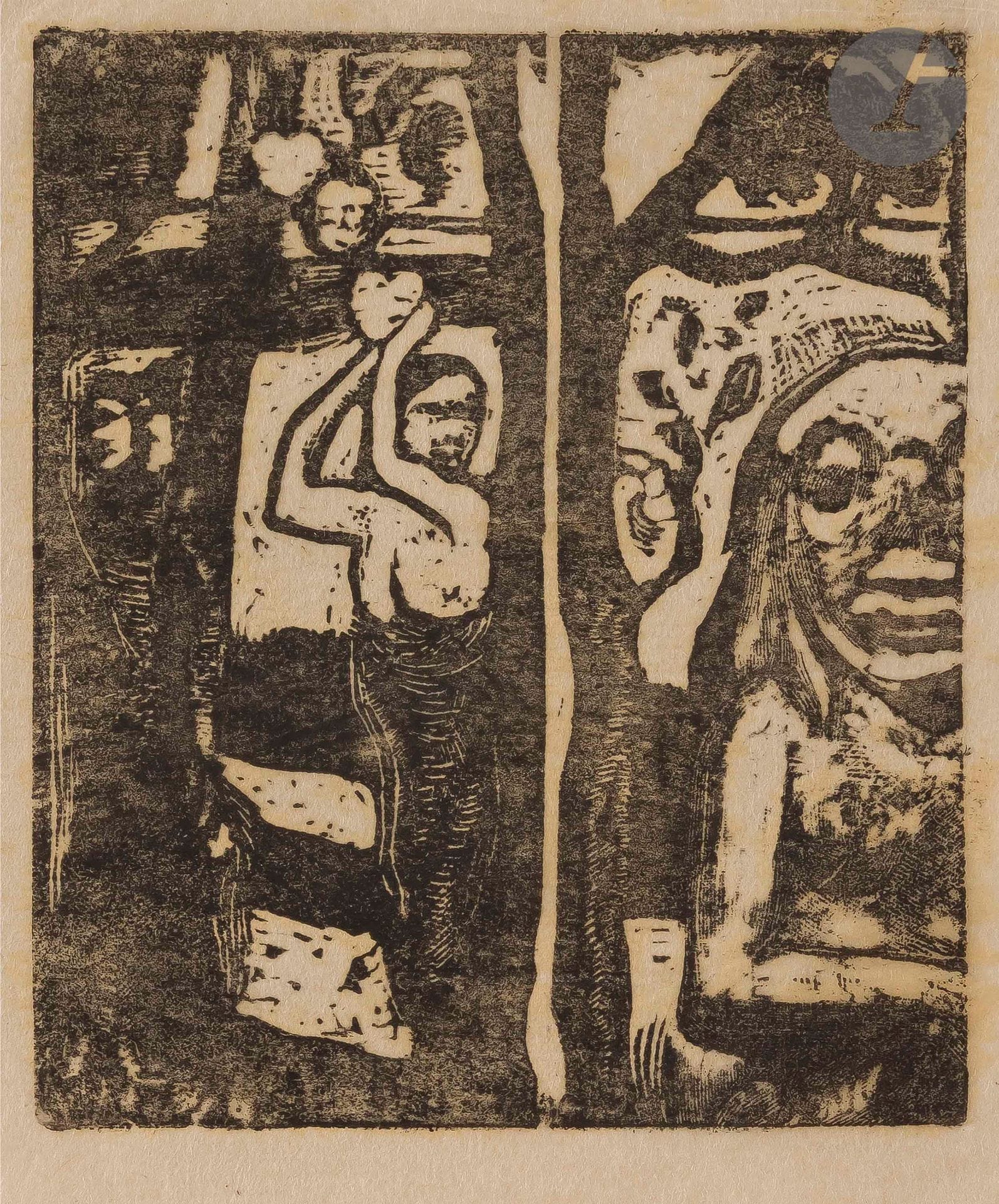 Paul Gauguin (1848-1903
)Woman picking fruits and Oviri. 1896-1897. Woodcut. 88 x 104 [115 x 155]. Mongan, Kornfeld, Joachim 36. A very nice proof on japanese paper, glued by the upper edge on a fragment of vellum from a publication and bearing on the reverse an advertisement for lamps (1910-1920s). Thin oblique fold in the lower right corner. Estimated edition of 25 or 30 prints.
