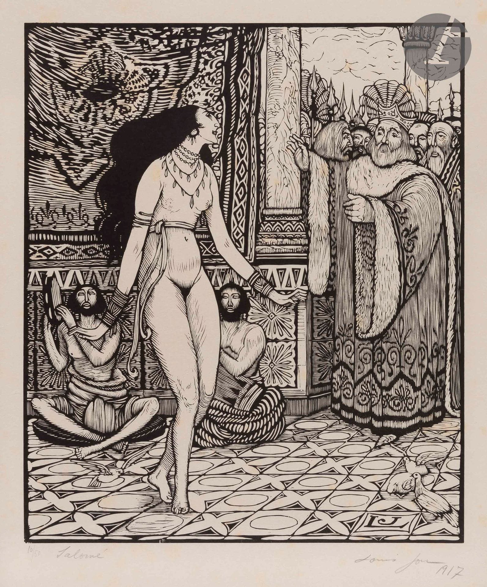 Louis Jou (1882-1968)
Salomé. Vers 1917. Bois gravé. 255 x 305. Très belle épreuve sur japon, numérotée, titrée, signée et datée au crayon. Rousseurs claires éparses. Toutes marges. Tirage à 50 épreuves.