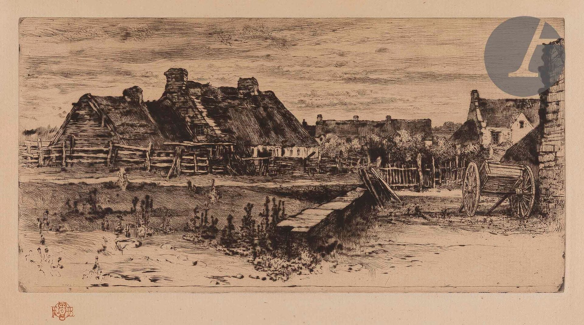Félix Buhot (1847-1898)
Les Grandes chaumières. Pointe sèche et eau-forte. 272 x 140. Bourcard-Goodfriend 150. Très belle épreuve sur vergé ivoire, timbrée (Lugt 977). Toutes marges. Timbre de l’atelier (Lugt 4245).