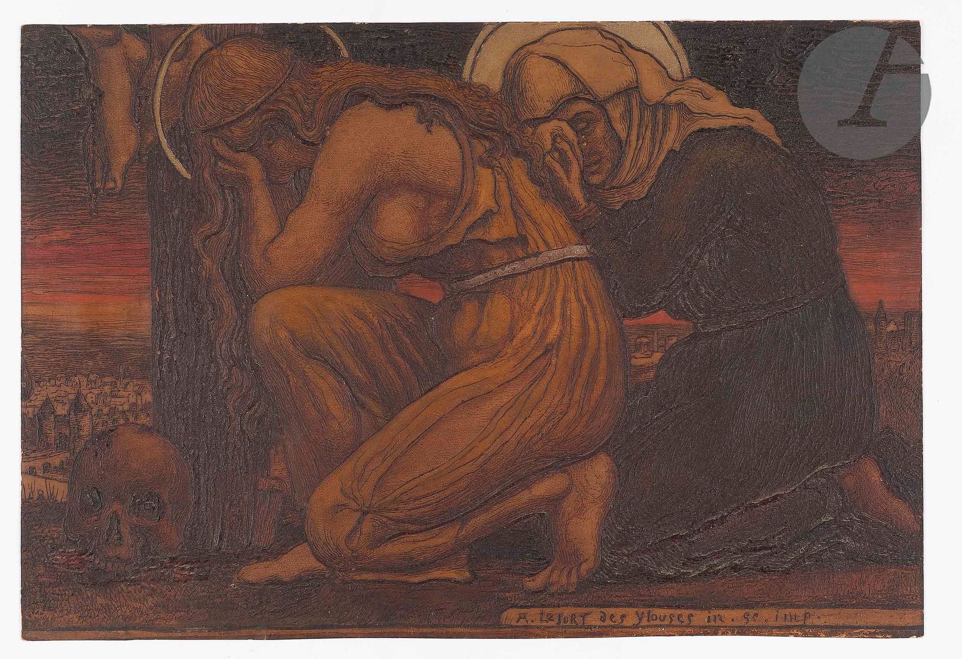 Arthur Henri Lefort des Ylouses (1846-1912
)Holy women at the foot of the Calvary. 1912. Etching in relief. 317 x 215. Very nice proof on strong cardboard, enhanced with gouache.
