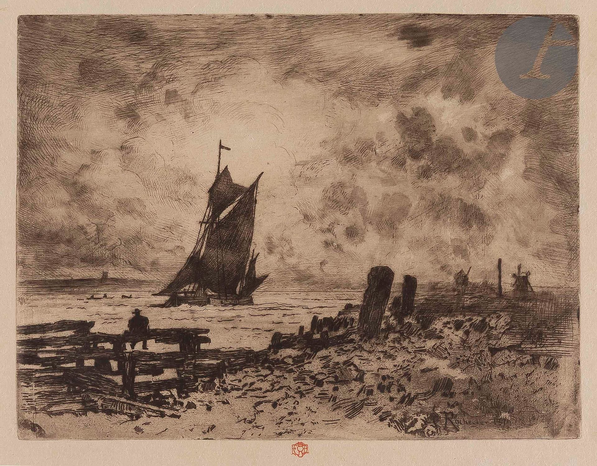 Félix Buhot (1847-1898)
La Petite marine – souvenir de Medway. 1879. Eau-forte, pointe sèche et aquatinte. 218 x 165. Bourcard-Goodfriend 153. Parfaite épreuve tirée en noir bistré sur japon, timbrée (Lugt 978). Petites marges normales.